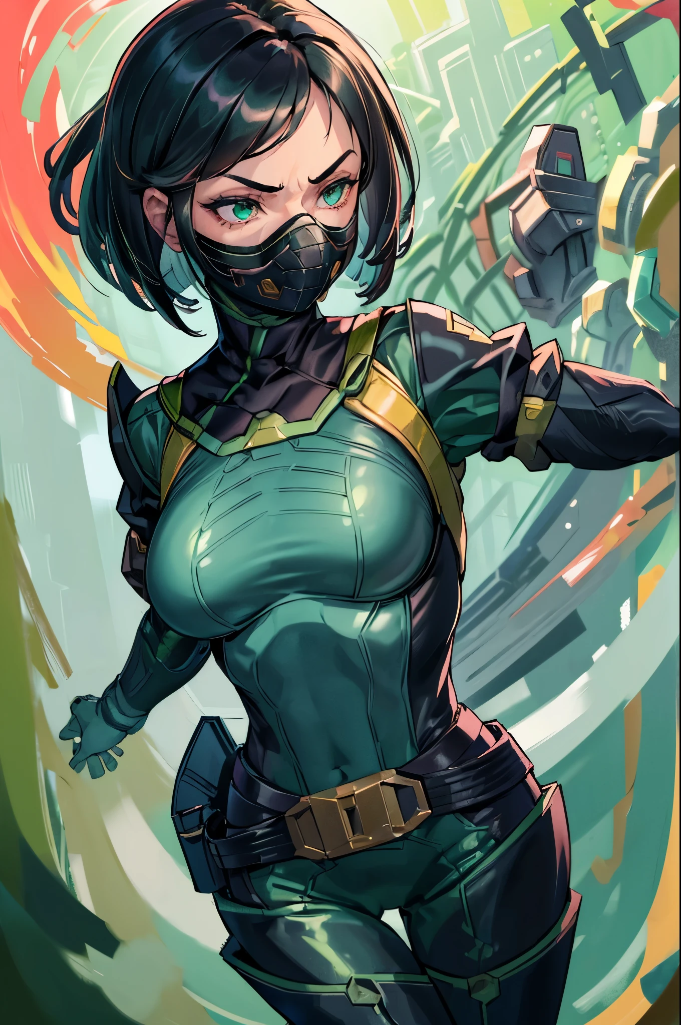 (masterpiece, best quality:1.2), expressive eyes, perfect face, highres, 1girl, solo, valorantViper, green eyes, bodysuit, gloves, belt, thigh boots, respirator, mask, green gas, frown, standing, upper body portrait, looking at the viewer