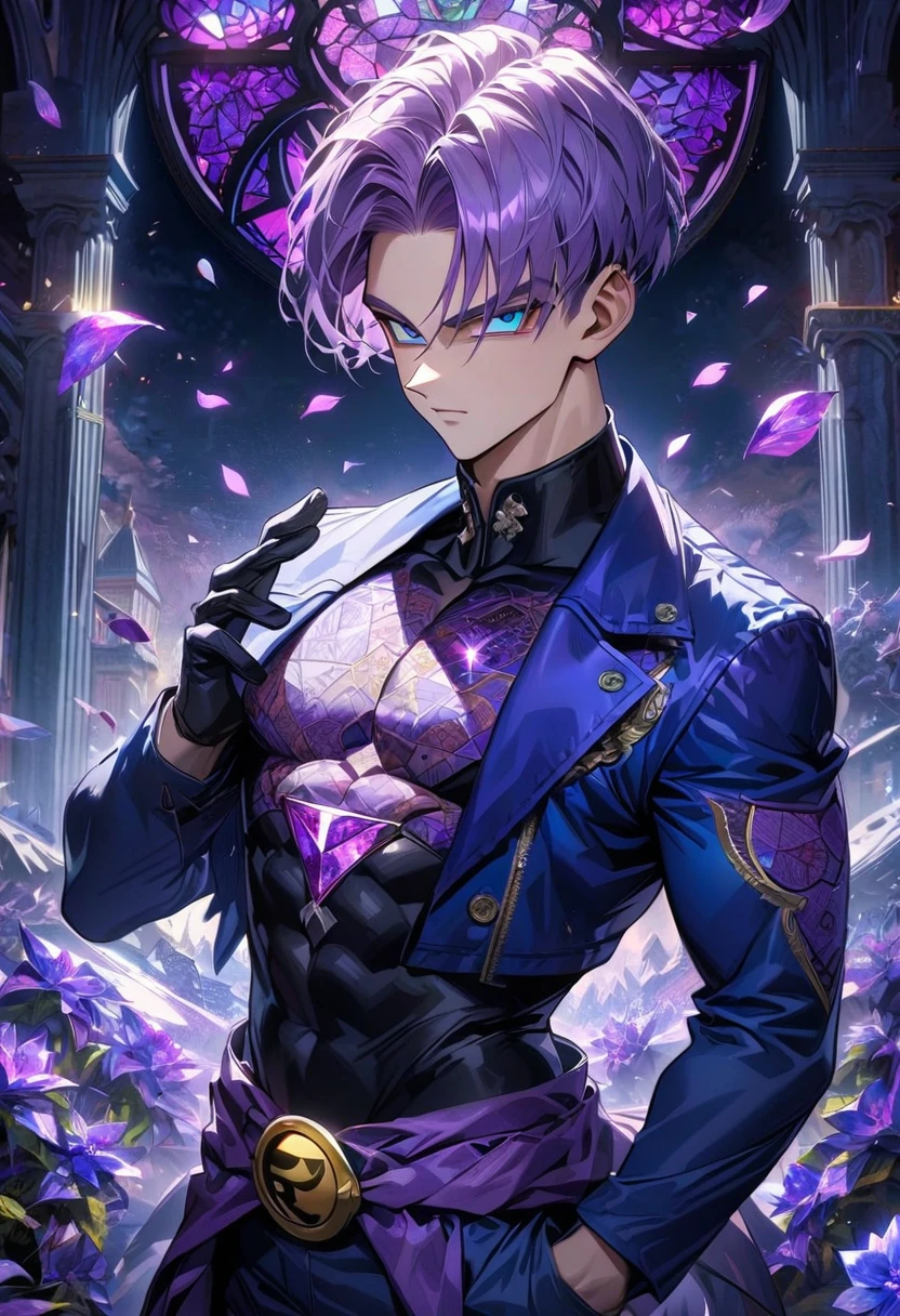 Ultra detailed, HDR, Highres, absurdres, master piece, Trunks, purple hair, expressive blue eyes, Dragon Ball Z, patterns, black tight shirt, blue jacket, purple stained glass, purple ice, petals, purple ice flowers, sexy man, solo, extremely detailed face and eyes, extremely handsome, glittering, toned chest, purple glass, black gloves,