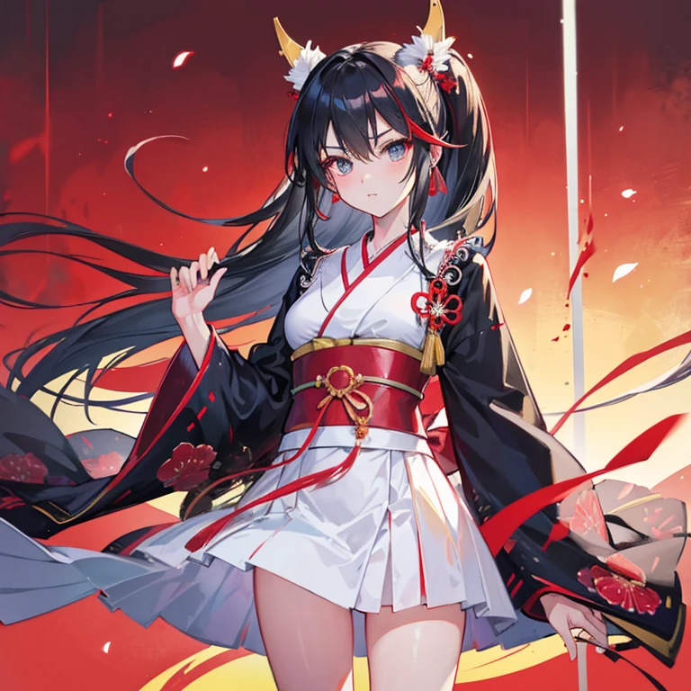 beautiful, masterpiece, best quality, extremely detailed face, perfect lighting, 1girl, solo, matoi ryuuko, japanese clothes, kimono, short kimono, cowboy shot