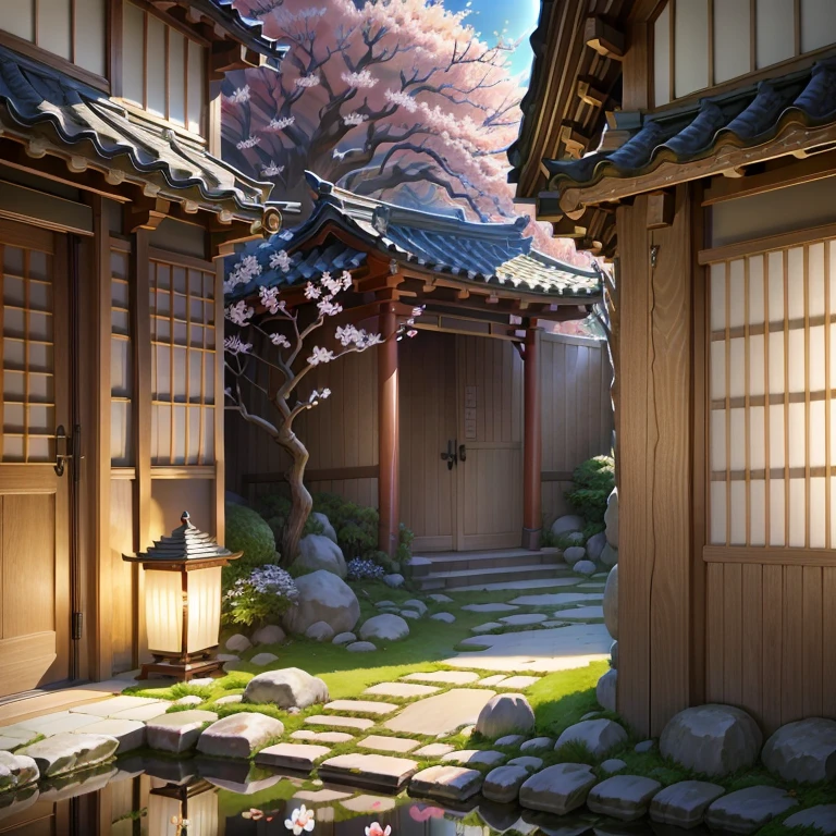 Classical courtyard,Cherry blossoms are flying,Moonlight is practiced,Vermilion Bridge,Tranquil pond,Stone lanterns,Kimono Beauty,Wooden sliding door,The Art of Tea Ceremony,Zen Garden。