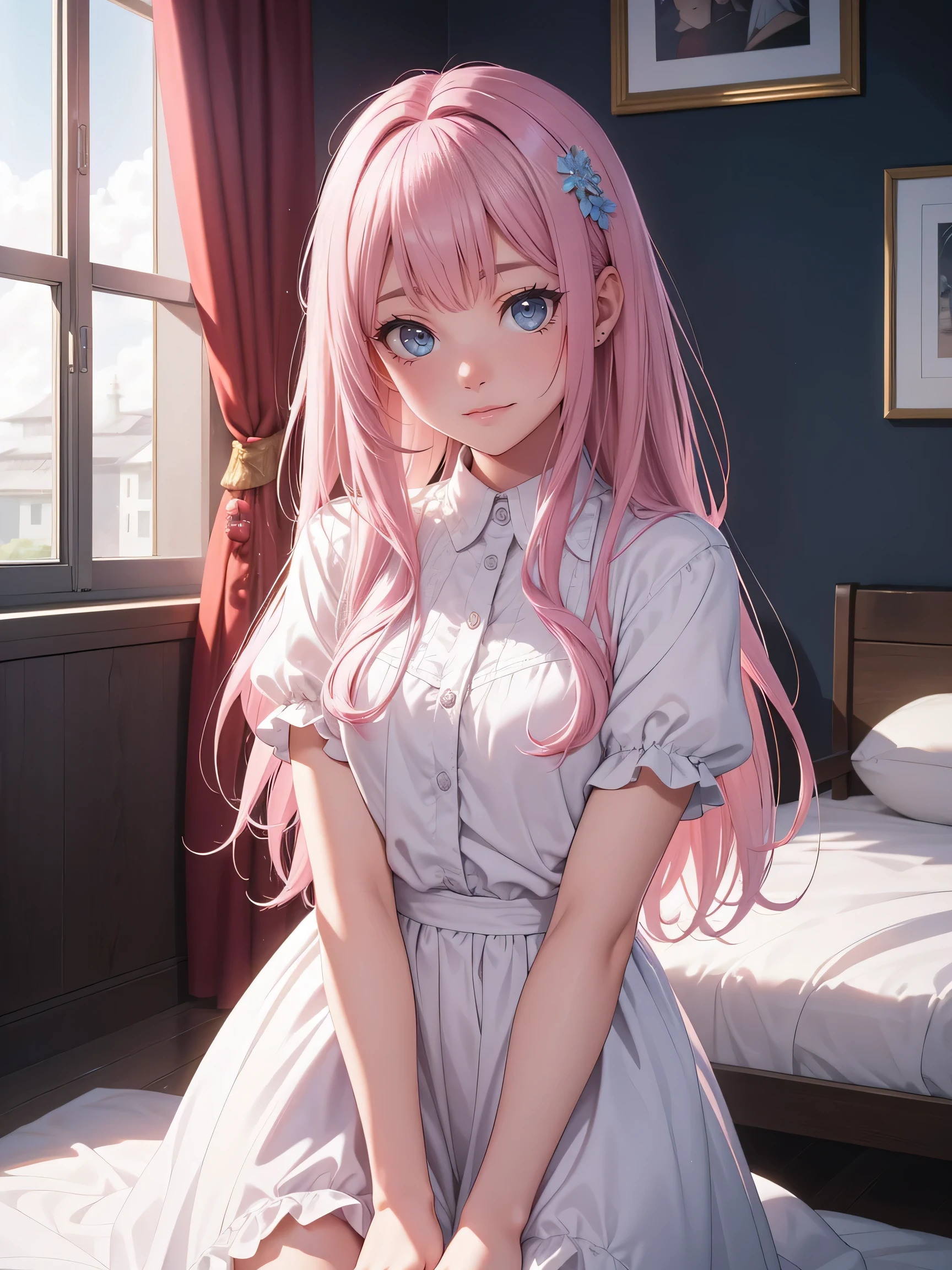 Official Art、Highest quality ultra-detailed CG art、The most beautiful girl in the world:1.2)、Sayla Uniform、Pink Hair、room、young、cute、Transparent white skin、、blue eyes、Thin eyebrows、