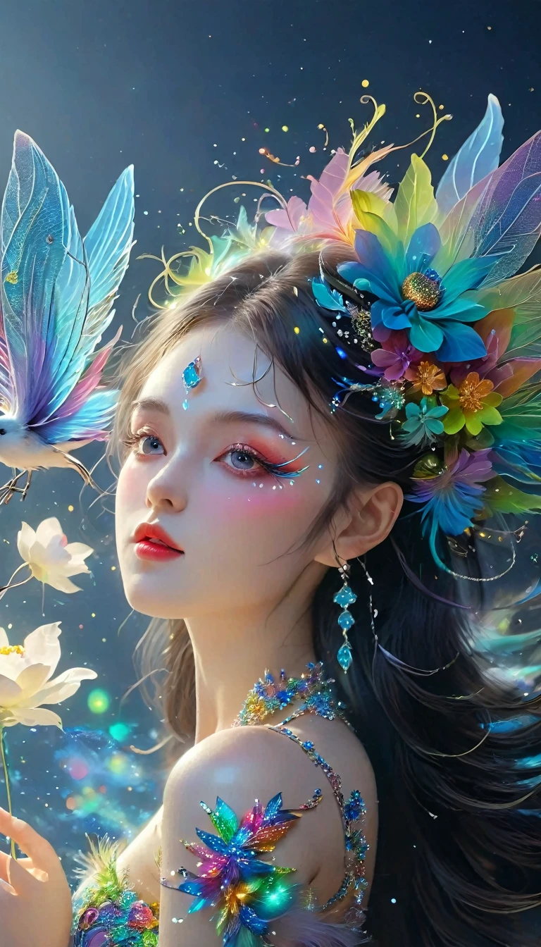 (Seven-part shot:1.6), Dramatic depiction of a stunning beauty with glittering wings，Rainbow feathers，She flew over surrealism，Dusk sky，Leaving a trail of stardust behind，Her eyes sparkled with mystery and curiosity.，She is surrounded by floating islands that are not affected by gravity.，Each piece is decorated with brightly colored floating crystals.，Bold and fantastical colors，Create an otherworldly beauty，Use drone cameras to capture unique angles