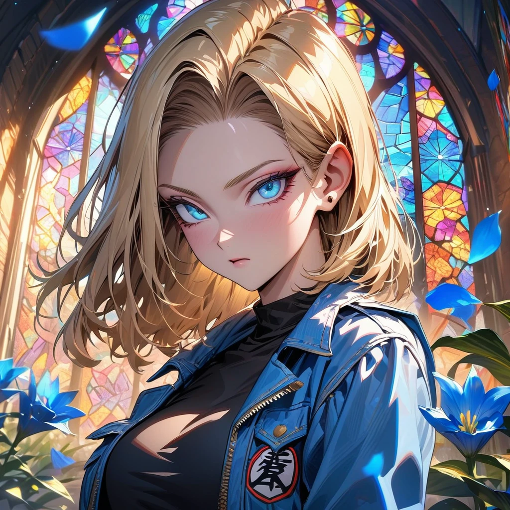 absurdres, highres, ultra detailed, HDR, masterpiece, extremely detailed face and eyes, Android 18, blond hair, expressive blue eyes, Dragon Ball Z, solo, sexy woman, extremely beautiful, blue jacket, black shirt, stained glass, blue lilies, petals