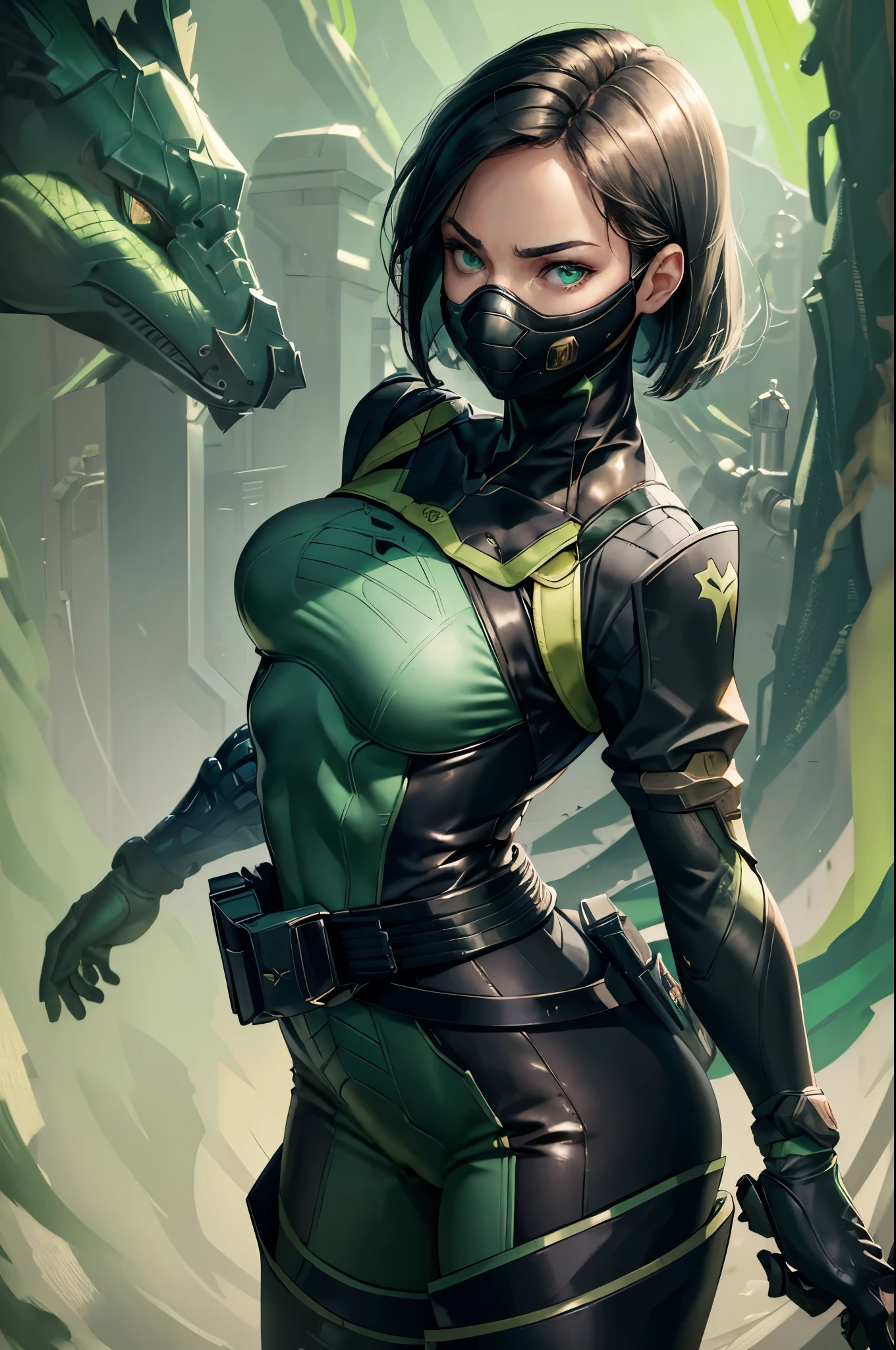 (masterpiece, best quality:1.2), expressive eyes, perfect face, highres, 1girl, solo, valorantViper, green eyes, bodysuit, gloves, belt, thigh boots, respirator, mask, green gas, frown, standing, upper body portrait, looking at the viewer