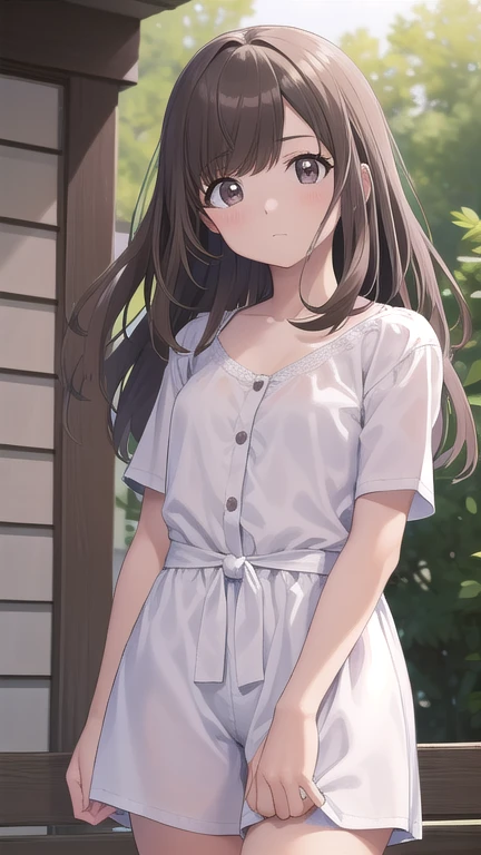 koganetsukioka, kogane tsukioka, (Brown eyes:1.5), By the chestnut, Liga para el cabello, cola de caballo,
ROMPER bare legs, blue Falda, clavicle, collared camisa, miniFalda, camisa, mangas cortas, Falda, tented camisa, tied camisa, ropa ajustada, tight camisa, white camisa, cuello de ala,
ROMPER looking at viewer,
ROMPER outdoors,
ROMPER (Obra maestra:1.2), mejor calidad, high resolution, fondo de pantalla de unidad 8k, (illustration:0.8), (hermosos ojos detallados:1.6), cara extremadamente detallada, Perfect lighting, CG extremadamente detallado, (manos perfectas, perfect anatomy),