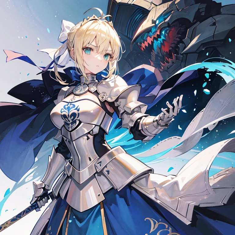 (masterpiece:1.2), (absurdres), (detailed face),(detailed eyes), (best quality) (traditional media:1.2) , (white backround), upperbody, (expressionless), artoria_pendragon_(fate), saber, armor, blonde hair, gauntlets, green eyes, hair ribbon, armored dress, ahoge, blue dress,