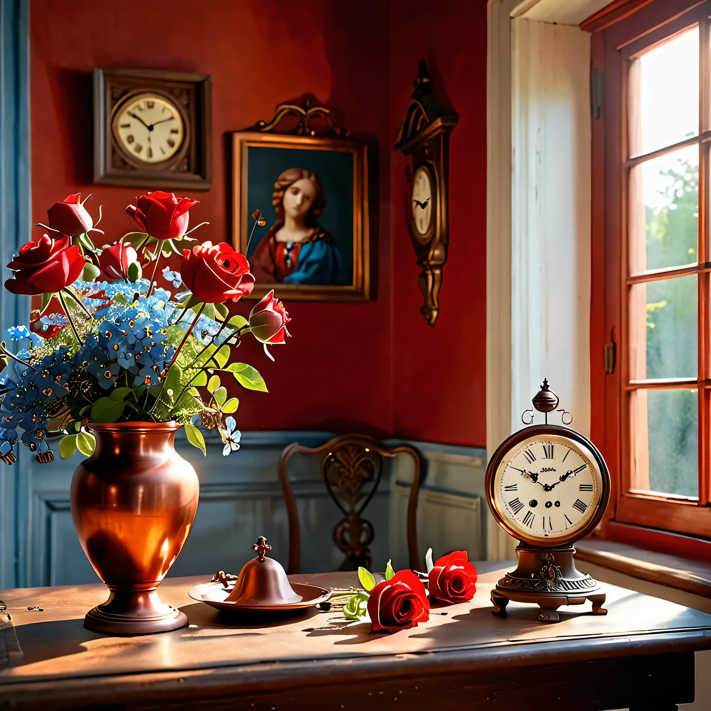 masterpiece, Realistic photography, a lot of details, Complete composition, Wide Angle, calm pastel colors, The copper pendulum of a large old clock glitters in the sun falling from the window, one red rose lies on the table, pot with forget-me-nots, the lights of a sun, (((portrait of a woman in red stands on the table))), ((angel figurine)), ((anatomical drawing of a human heart on the wall))
