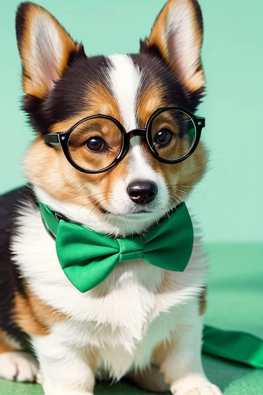 Corgi Wear glasses Wearing a green bow tie Round eyes A little wild biceps At sea The tail is in the shape of a heart