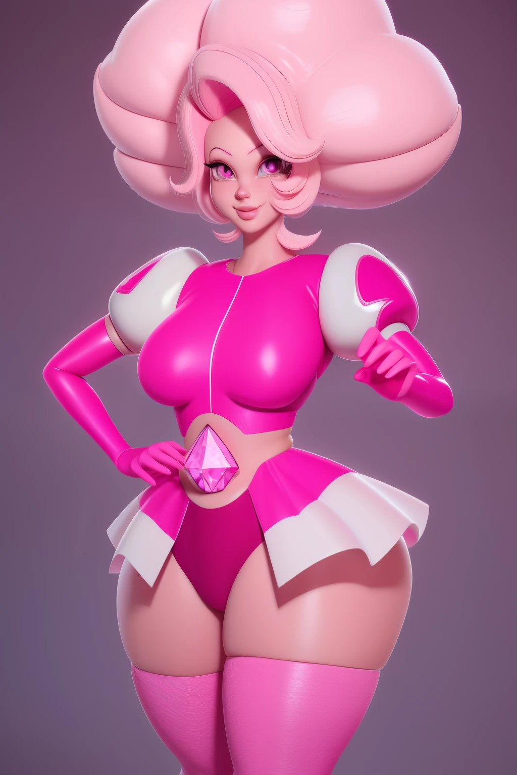 pnkdamond, pink hair, pink eyes,  big hair,  stomach gem,  pink skin,  toned, 
puffy short sleeves, elbow gloves ,  white thighhighs,   puffy dress, 
standing, upper body, 
 outerspace,  
(insanely detailed, beautiful detailed face,beautiful detailed eyes, masterpiece, best quality) cinematic lighting,  smile, 
 
