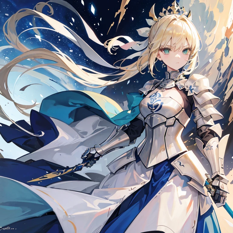 (masterpiece:1.2), (absurdres), (detailed face),(detailed eyes), (best quality) (traditional media:1.2)  , (white backround), upperbody, (expressionless),  artoria_pendragon_(fate), saber, armor, blonde hair, gauntlets, green eyes, hair ribbon, armored dress, ahoge, blue dress,