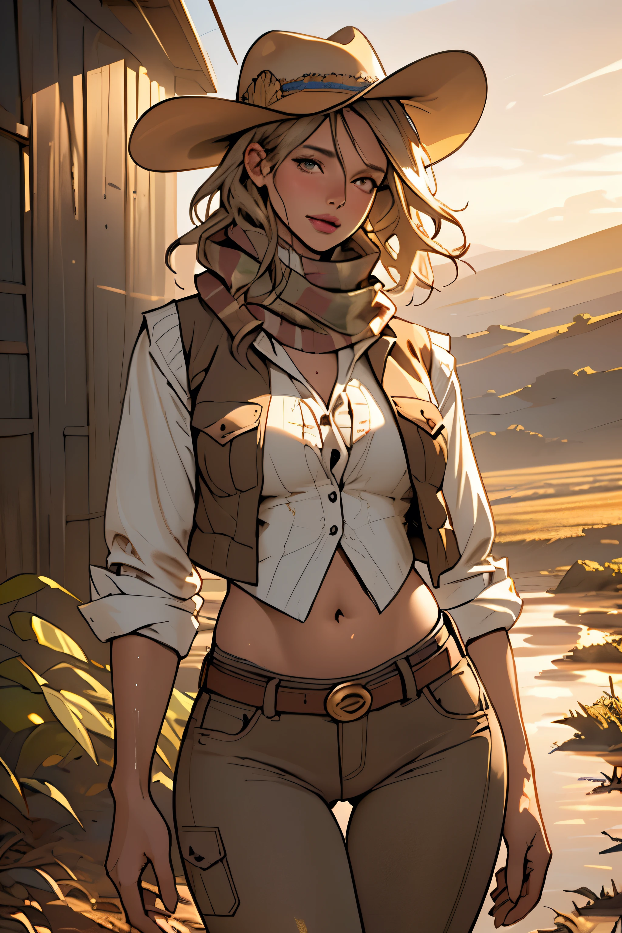 (highest quality, Super detailed, realistic:1.37), outdoor, girl, muddy, detailed and beautiful eyes, beautiful detailed lips, cowboy hat, vest with fringes, slim waist, round hips, thigh gap, show belly, pants, scarf, With confidence, middle of chest, dusty farm landscape, golden hour lighting
