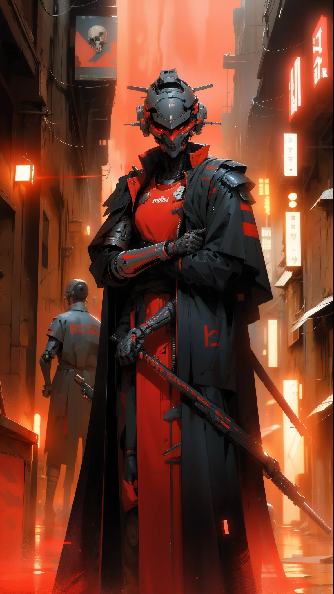 derpd, lethal cyborg assassin wearing robes armor, danger, red sky,post apocalypse 