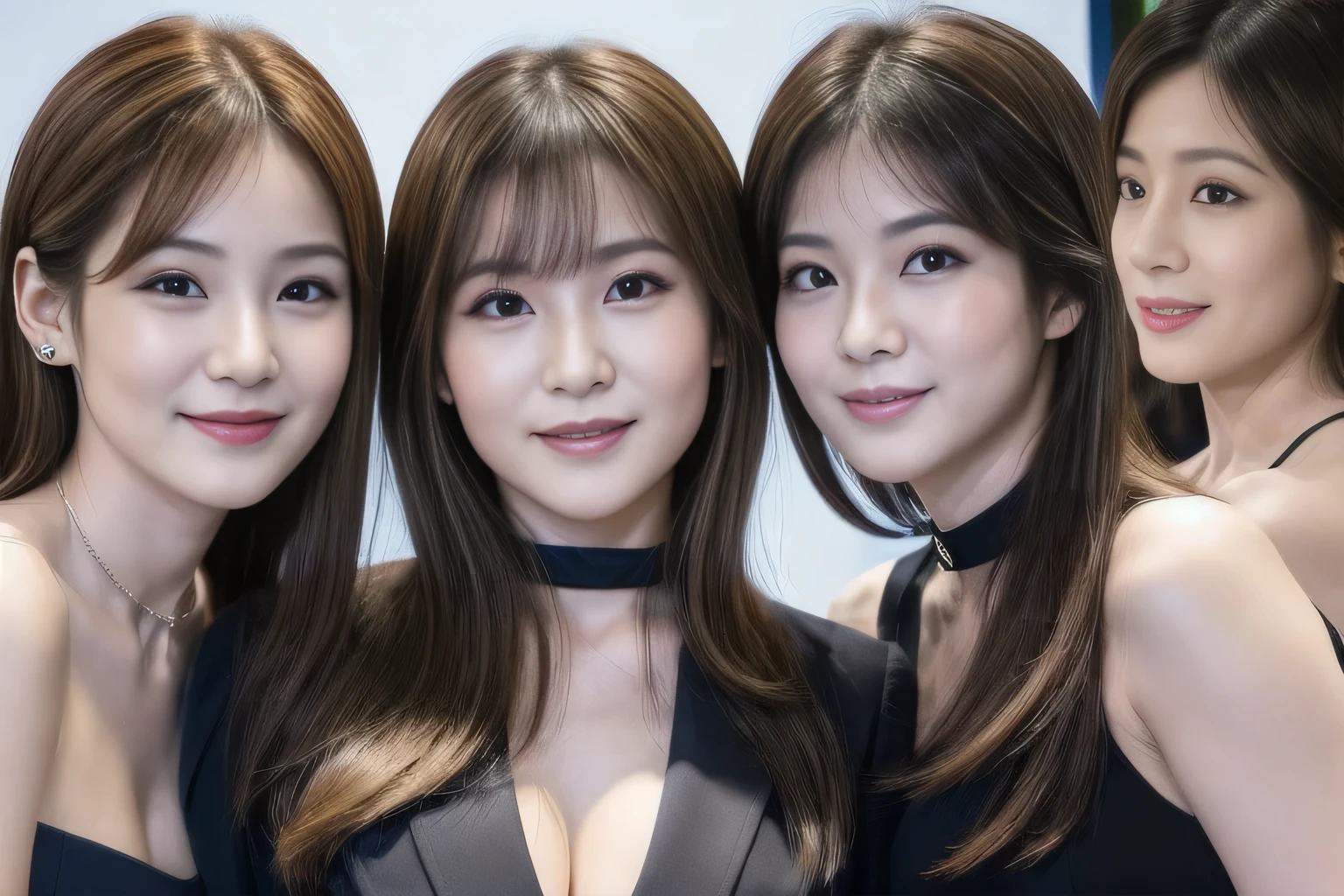 最high quality, masterpiece, ((Group of young Japanese businesswomen discussing at a meeting, collaborative, Perfect lighting, Corporate event photography), Light blue uniform、high quality、Photorealistic、healthy、Smiling face、Slim and perfect figure、Chinese Beauty、Beautiful Eyes、Perfect Face、Beautiful Skin, ((bangs, Big Breasts, Very long eyelashes, Black choker)), Cleavage,Brown Hair,Bright lighting、Morning sunlight, Actresses reporting to their masters, smile
