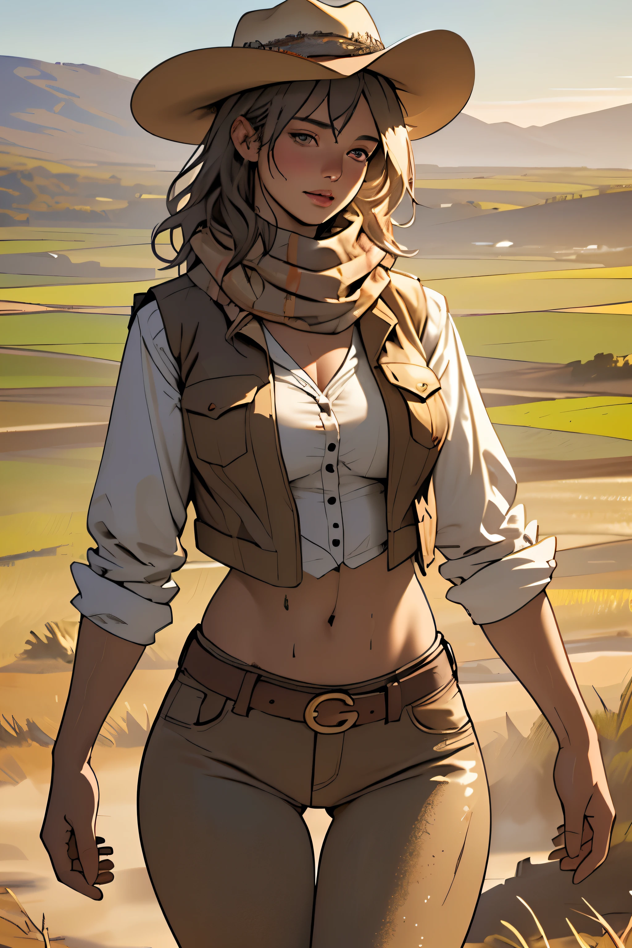 (highest quality, Super detailed, realistic:1.37), outdoor, girl, muddy, detailed and beautiful eyes, beautiful detailed lips, cowboy hat, vest with fringes, slim waist, round hips, thigh gap, show belly, pants, scarf, With confidence, middle of chest, dusty farm landscape, golden hour lighting