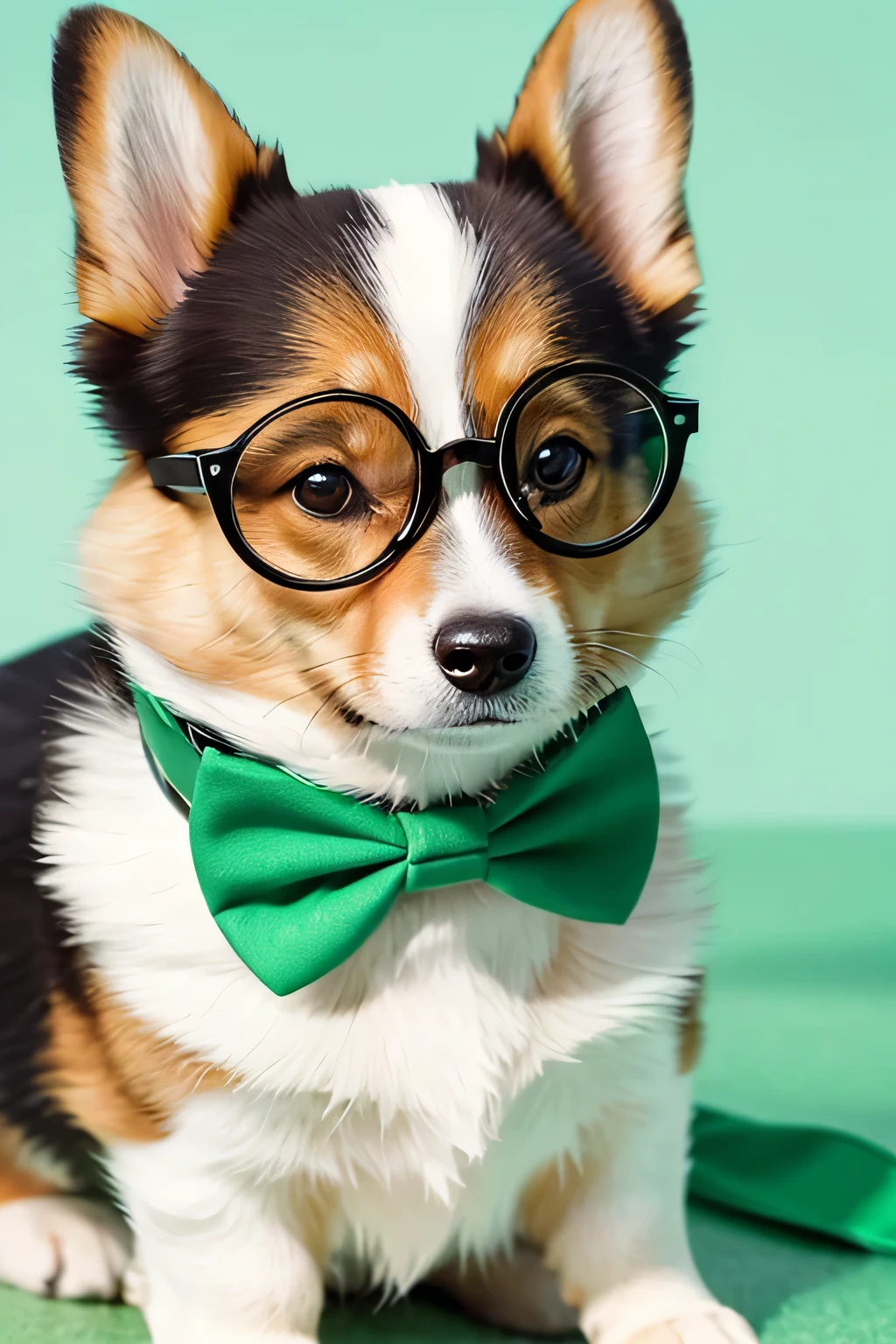 Corgi Wear glasses Wearing a green bow tie Round eyes A little wild biceps At sea The tail is in the shape of a heart
