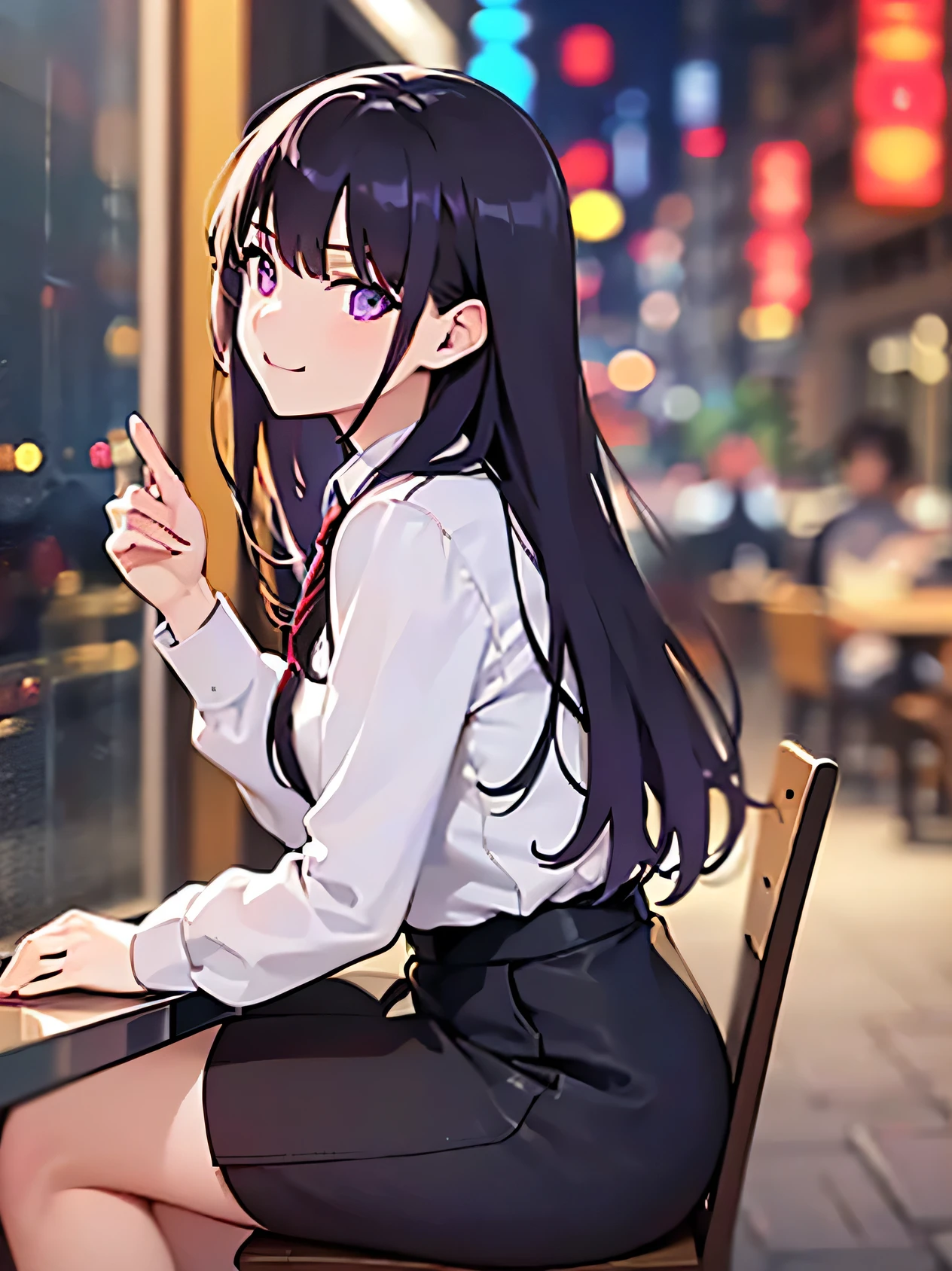 Sitting in a chair, hand between legs、Side view、 Upper Body, Realistic, Real person, (Pale skin: 1.2), RAW Photos, Realistic, Portrait Photography, Shiny skin, Japanese Idols、Shiny Hair、(A 33-year-old woman with medium-length straight hair and bangs) and (Black Hair) and (Purple eyes) , (White collared shirt) and (Long sleeve) 、Tight Skirt、(blush)and(smile)and(Tilt your head:1.5)、The background is a dining bar at night.、alone、Are standing、Bold Pose