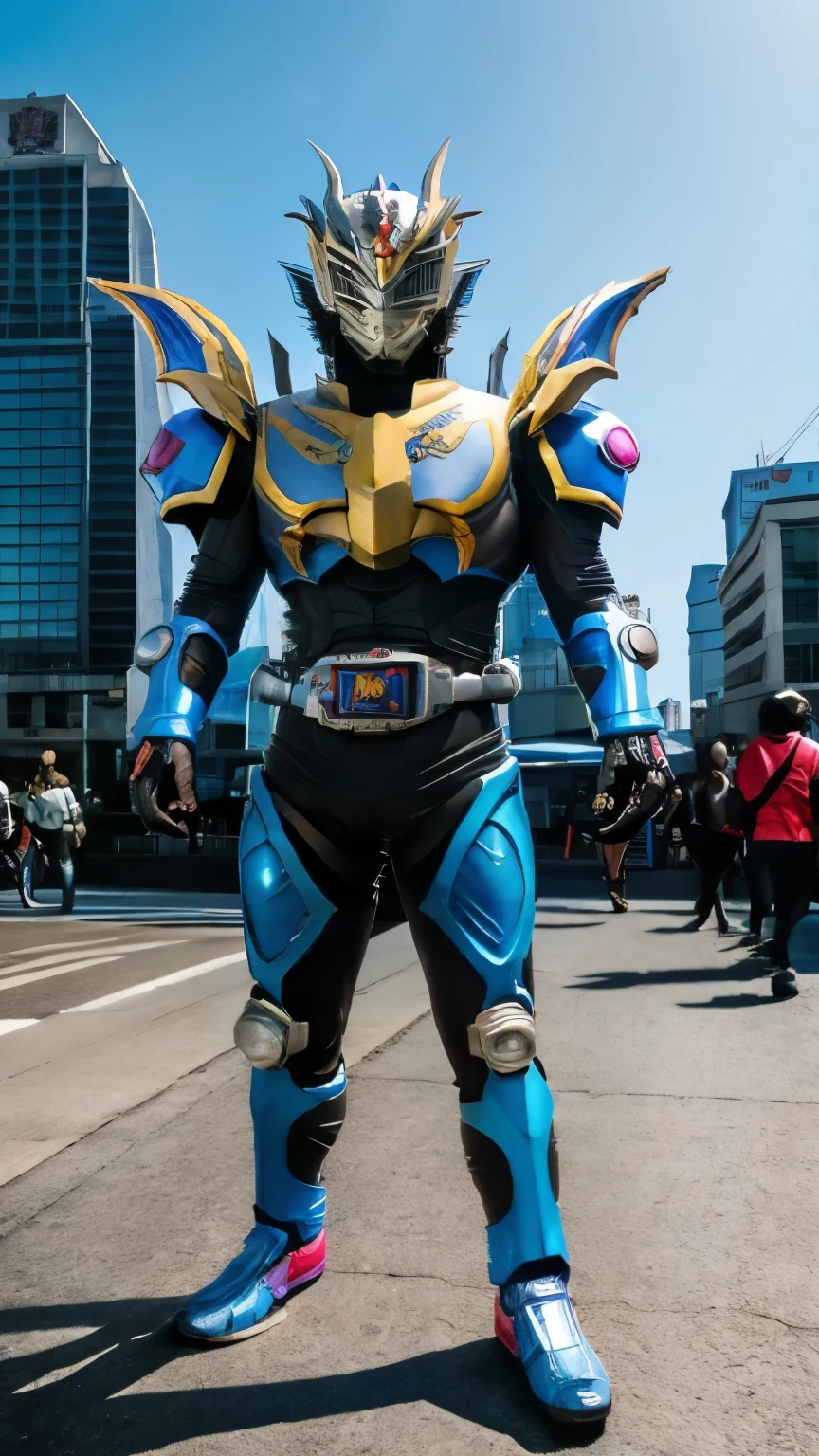 Kamen Rider Xeed, blue chinese dragon cyborg motif, background in the digital world in the pedestrian area in the morning.