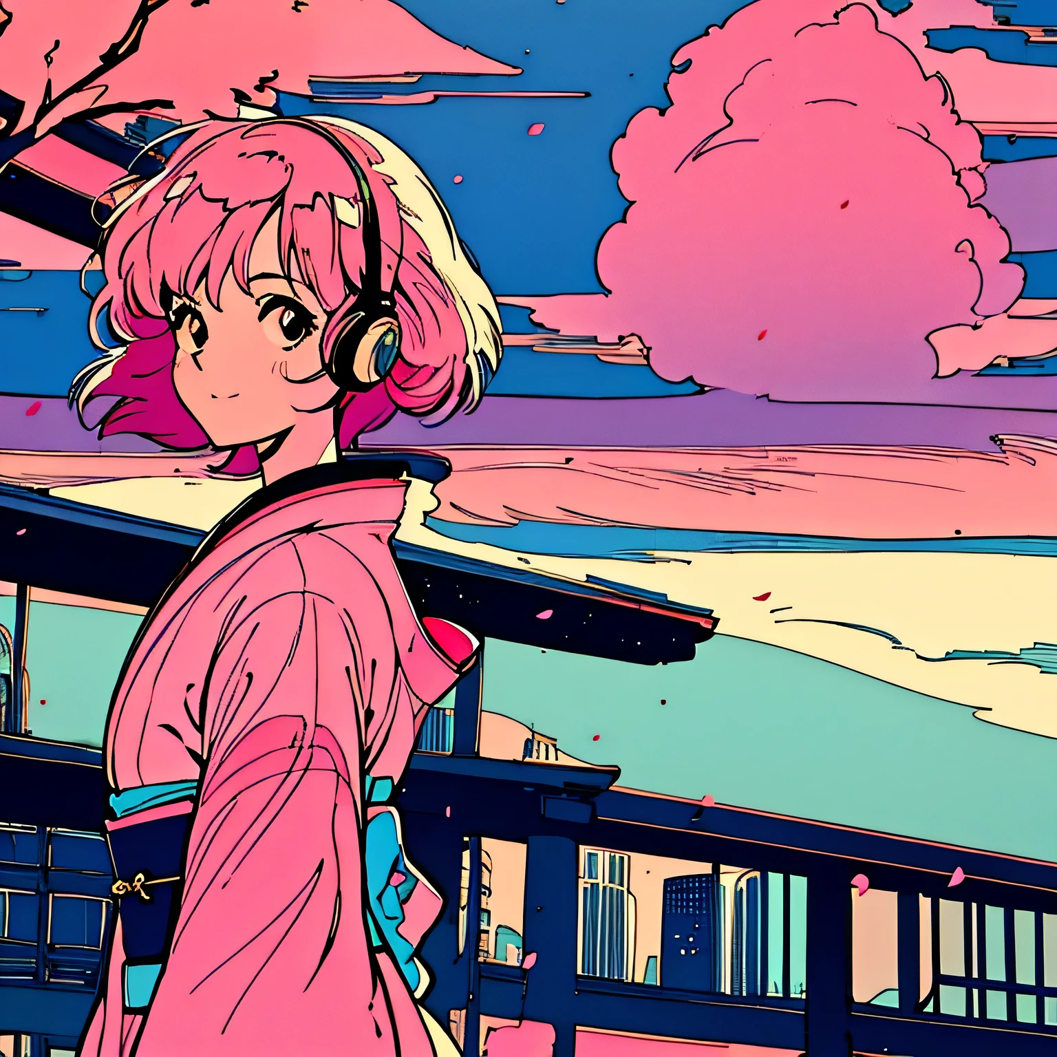 master piece, City Pop style, Pink Hair, fluffy bob cut, wearing headphones, shoulder length, alone, Futuristic, yet, lofi, retro, vintage, Ghost, light smile, cherry blossoms, ((kimono)), torii, Kyoto, looking away