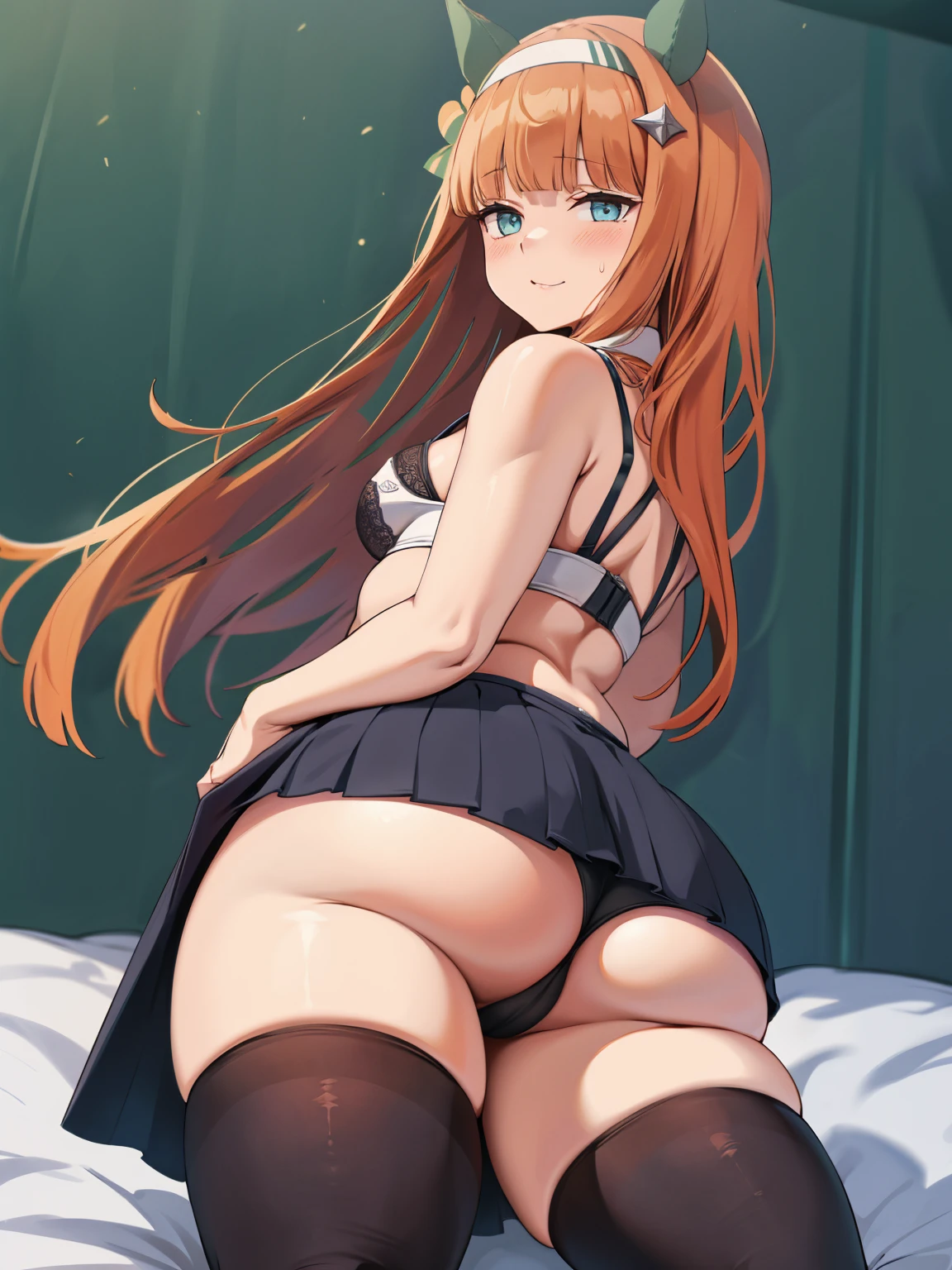Plump thighs、On the back、おAssを突き出す、おAss、Ass、Best image quality、High resolution、masterpiece、super high quality、very short pleated skirt、おAssをこちらに向けている、おAssの撮影、Black and white lace bra、black and white lace panties、とても大きなおAss、おAssが大きすぎる、Low Angle、Blushing、4K quality、Thick thighs、大きなおAss、wearing black knee socks、Pubic hair growth、Shooting from below、Blushed、Big Breasts、Embarrassed face、You are tempting me