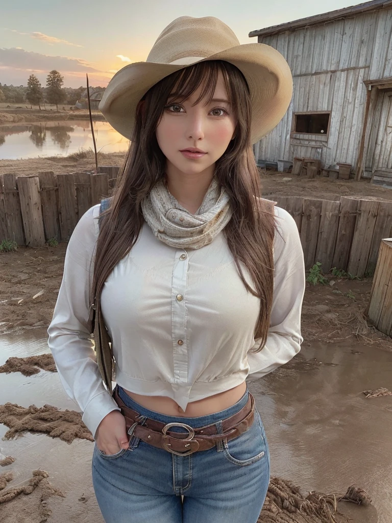 (highest quality, Very detailed, Realistic:1.37), Outdoor, girl, Muddy, Fine and beautiful eyes, Beautiful lip detail, Cowboy hat, Fringed vest, Narrow waist, Wide Hips, Thigh Gap, Show your belly, pants, scarf, With confidence, Center of chest, dusty farm scene, Golden Hour Lighting