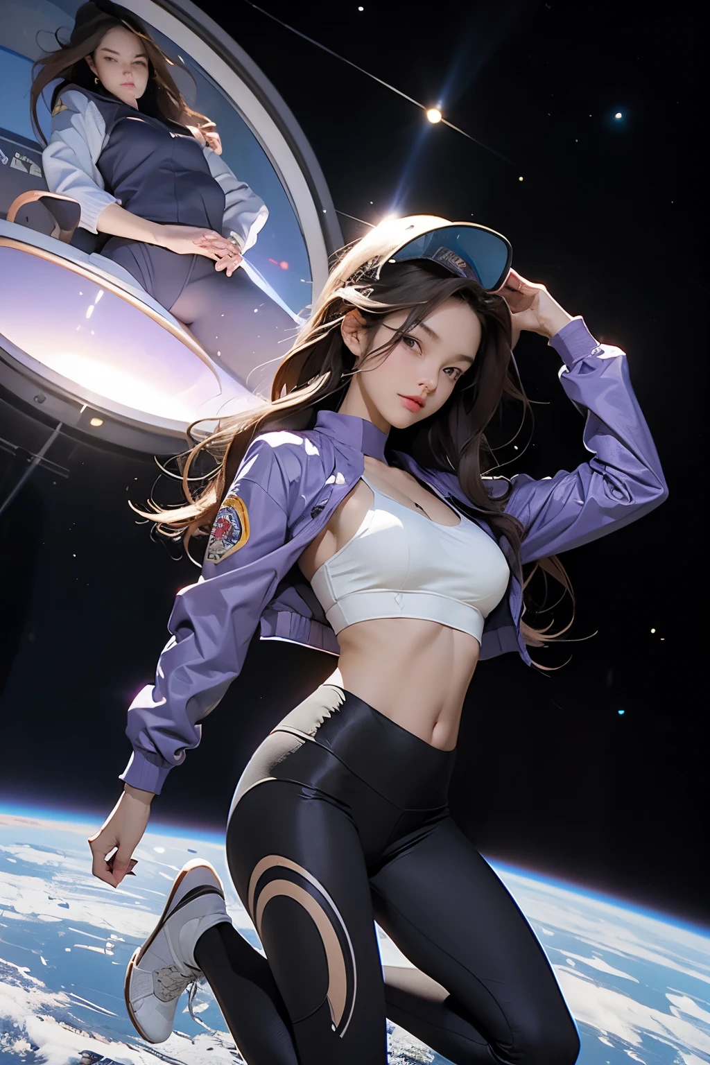 beautiful girl, 20 years old, long brown hair, space helmet, purple sports jacket, white sports bra, black yoga pants, fake , cleavage, hands behind head, running pose, angle from below, outer space background, full body photography, zoomed out