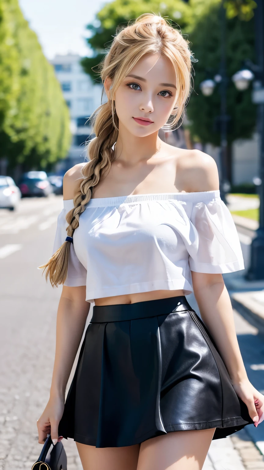 Tabletop, highest quality, figure, Very detailed, In detail, High resolution, 8k wallpaper,Sexy big 、A 22-year-old beautiful girl with a sexy and cute look, Beautiful and sexy face、The strong wind blows the hair in front of my face、Blonde French braids with cute and sexy eyes hidden by long bangs、Belly button exposed(1:1.8)、Colorful off-shoulder T-shirt、Colorful tulle mini skirt
