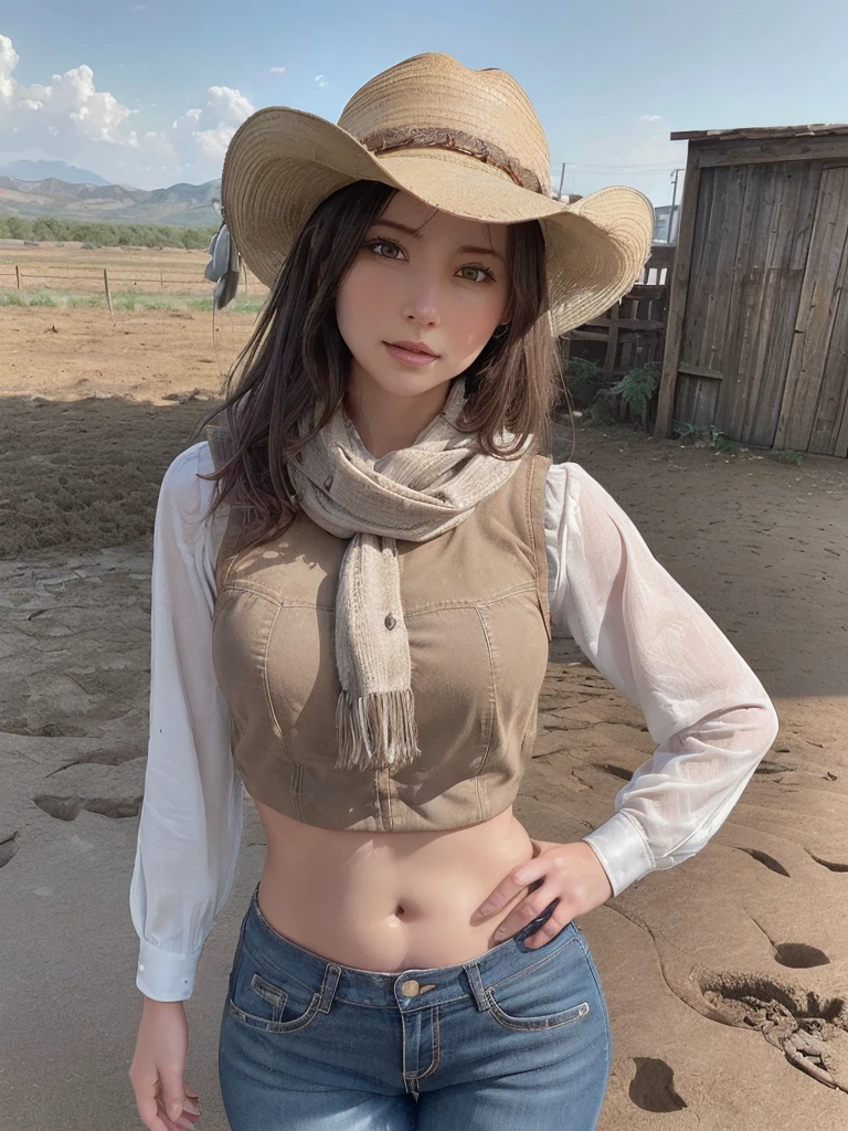 (highest quality, Very detailed, Realistic:1.37), Outdoor, girl, Muddy, Fine and beautiful eyes, Beautiful lip detail, Cowboy hat, Fringed vest, Narrow waist, Wide Hips, Thigh Gap, Show your belly, pants, scarf, With confidence, Center of chest, dusty farm scene, Golden Hour Lighting