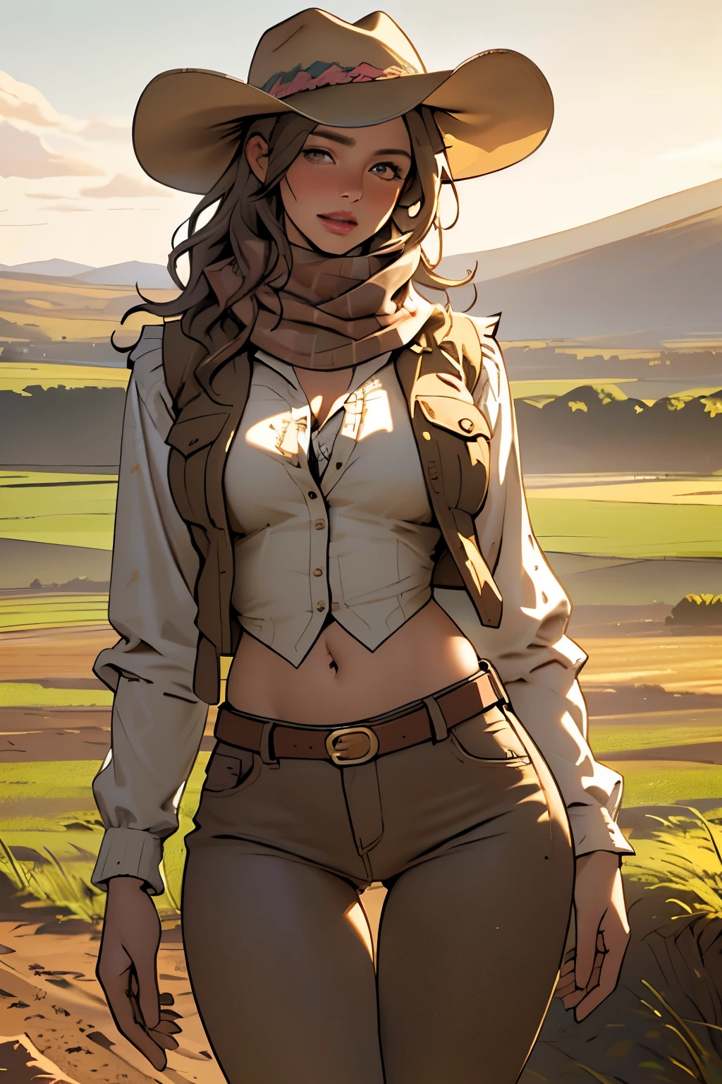 (highest quality, Super detailed, realistic:1.37), outdoor, girl, muddy, detailed and beautiful eyes, beautiful detailed lips, cowboy hat, vest with fringes, slim waist, round hips, shapely thighs, thigh gap, show belly, pants, scarf, With confidence, middle of chest, dusty farm landscape, golden hour lighting