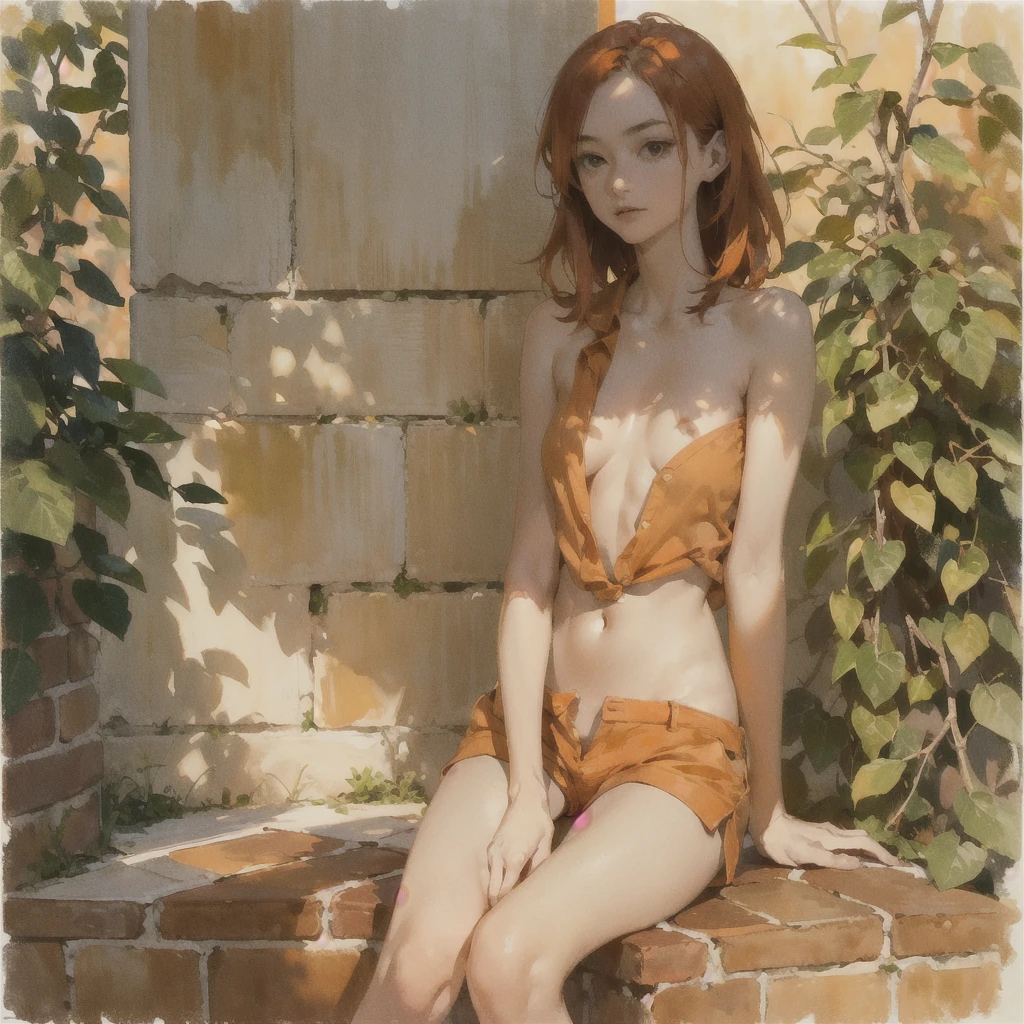 Beautiful slender thin exquisite (nude) (Girl ) (with a perfect southern type face) with short red hair (with tender beautiful big breasts with tender nipples) barefoot with bare thighs ((with red pubic hairs)) ((in an unbuttoned open light orange shirt over his naked body and short light orange shorts)) (is sitting) (on a brick road) in the middle of a flowering field (with a glass of wine) ((and, trickles between legs)), in a gentle watercolor style, Discreet shades, sfumato, haze, diffused dim light, delicate mint shades, imitation of film photography, (olive and grape groves, Brick Road), (High image quality, Maximum detail), (sunset lighting, Warm evening shades, warm golden and olive sunset light)