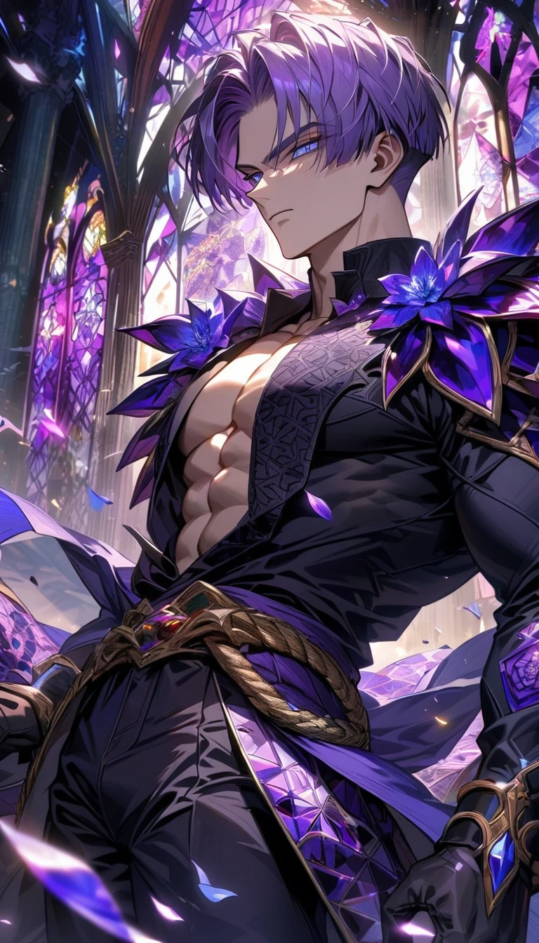 Ultra detailed, HDR, Highres, absurdres, master piece, Trunks, purple hair, expressive blue eyes, Dragon Ball Z, patterns, black tight shirt, purple stained glass, purple ice, petals, purple ice flowers, sexy man, solo, extremely detailed face and eyes, extremely handsome, glittering, toned chest, purple glass, black gloves,