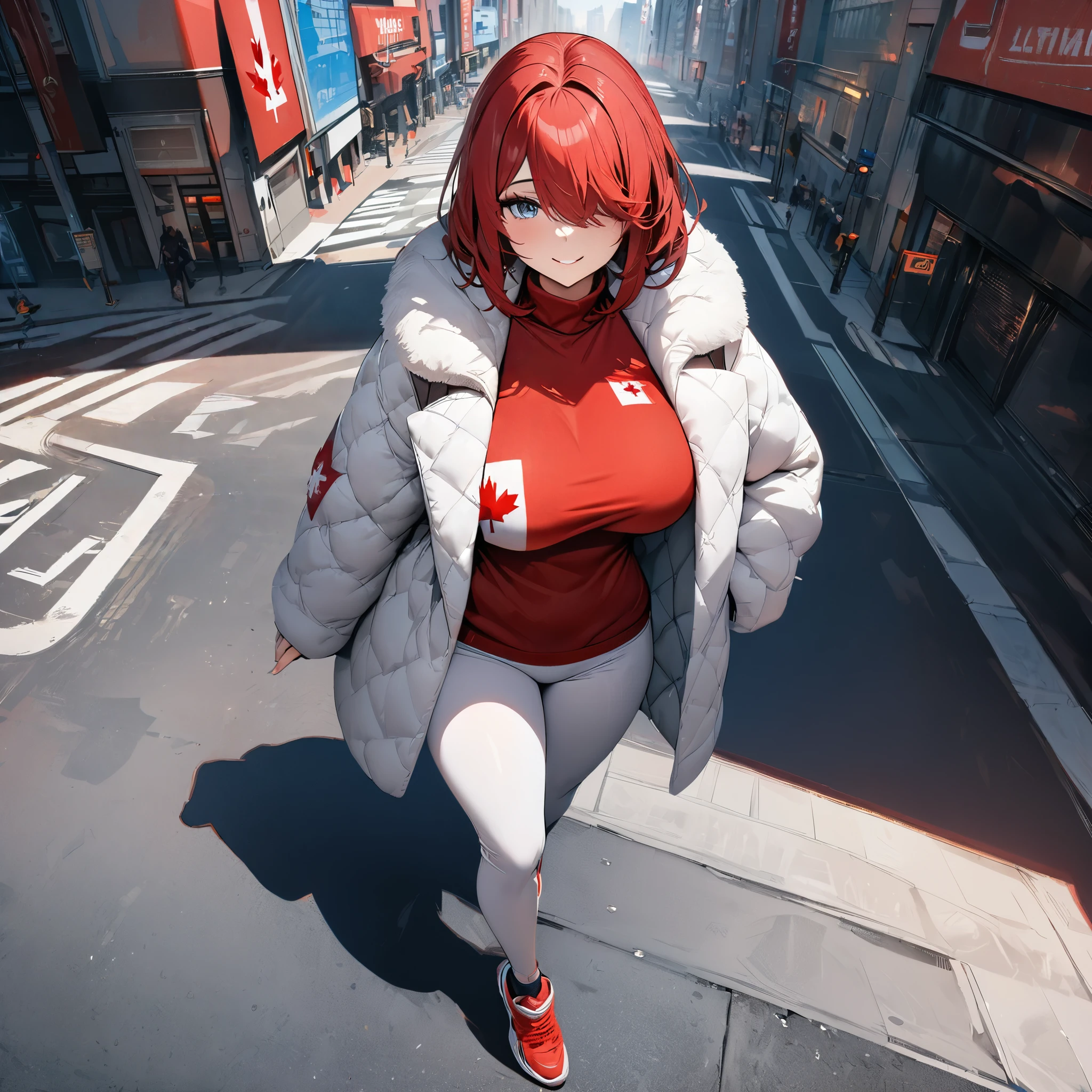 A woman wearing a red shirt with the symbol of the Canadian flag, white pants, long red hair, silver eyes, smiling, big breasts, bangs over her eyes, wearing sports shoes, wearing a white fur coat, walking on the sidewalk of a city in the environment of hell, big city, full body. ultra resolution, sharp, masterpiece, 8K HD (solo woman)
