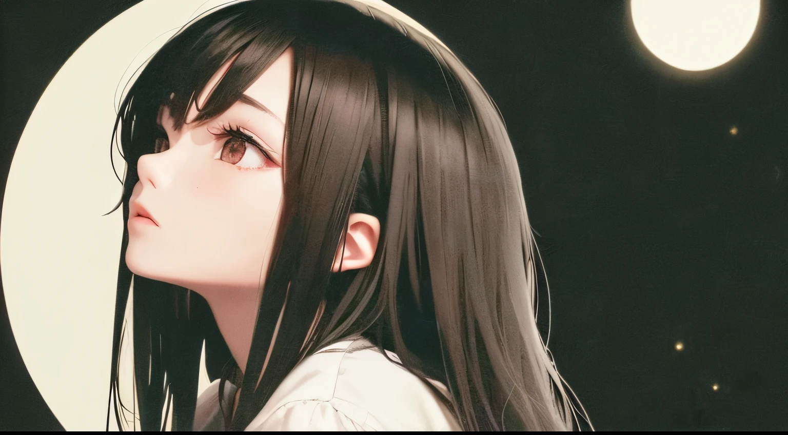((4K,masterpiece,highest quality)), Watching from a dark hole、Dirty Face、White dirty camisole、One girl, alone, Long black hair, silhouette、Are standing, Looking up at the moon from the darkness,Anime Style、Overall dark image、