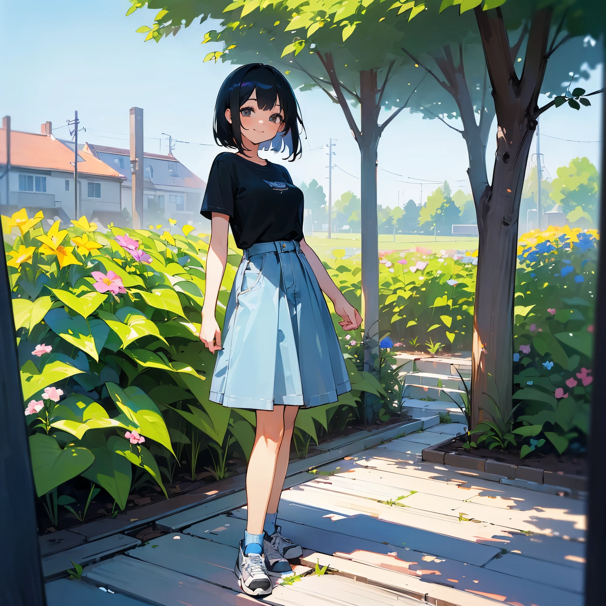 (high quality, High resolution, Very detailed, reality:1.37), Peaceful atmosphere, (Outdoor, garden), age girl standing alone, (my breasts are big.), Beautiful detail features, Cute Smile, (Black bob hair), Short sleeve shirt, Denim skirt, Blue socks, sneakers.