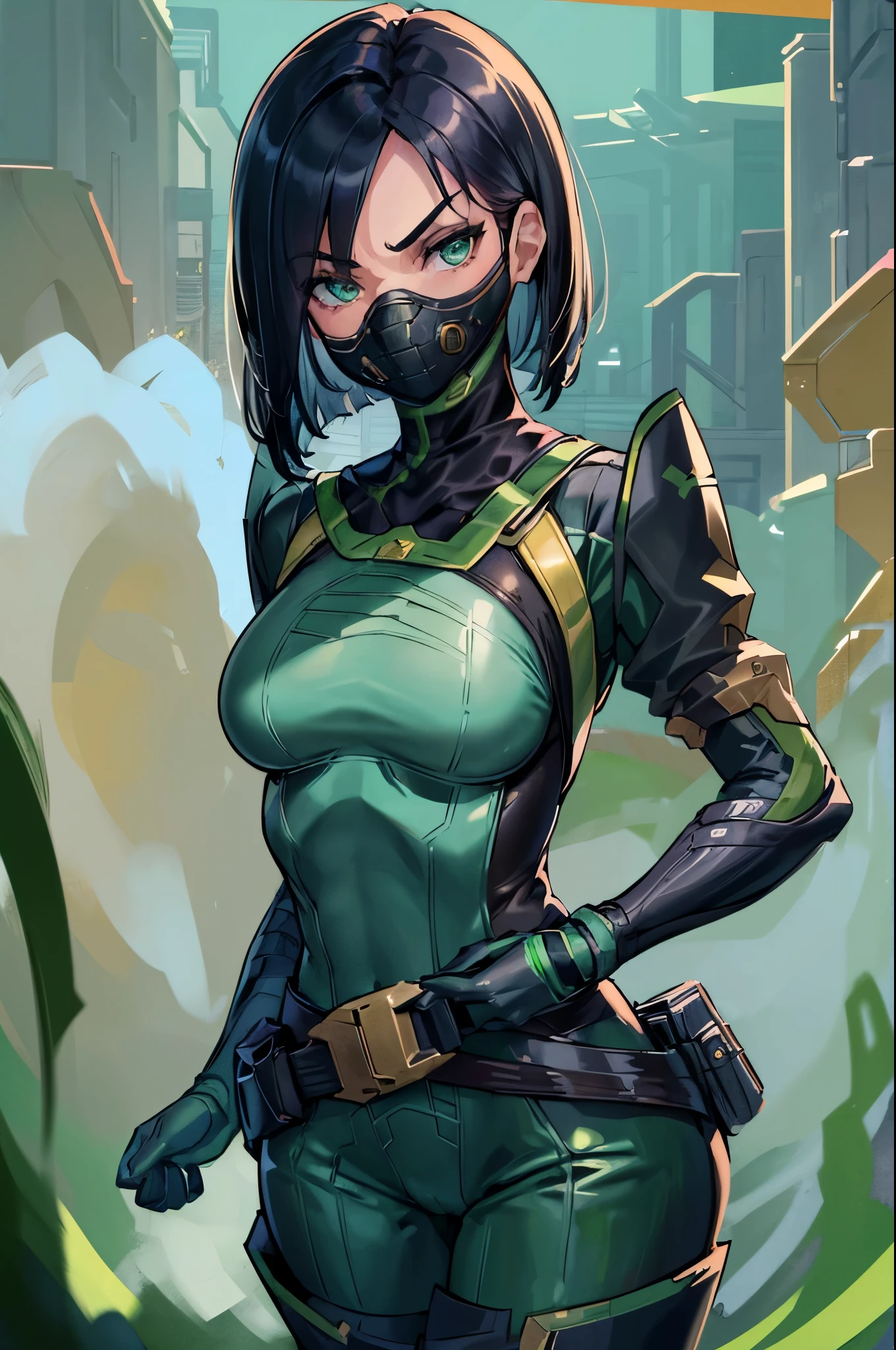 (masterpiece, best quality:1.2), expressive eyes, perfect face, highres, 1girl, solo, valorantViper, green eyes, bodysuit, gloves, belt, thigh boots, respirator, mask, green gas, frown, standing, upper body portrait, looking at the viewer