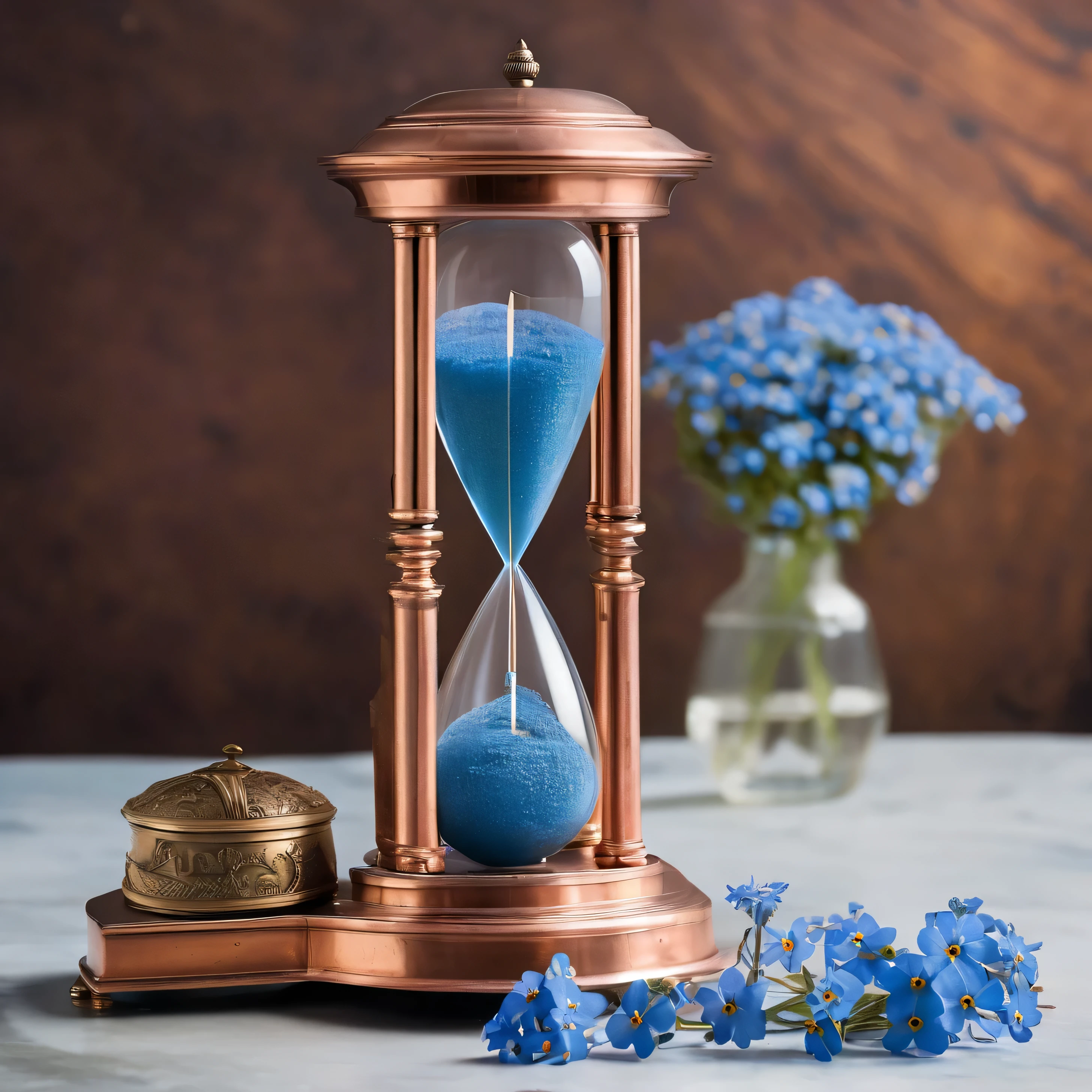 copper pendulum of a huge clock, on one side are forget-me-nots, on the other side there is one rose, photographic card of a woman