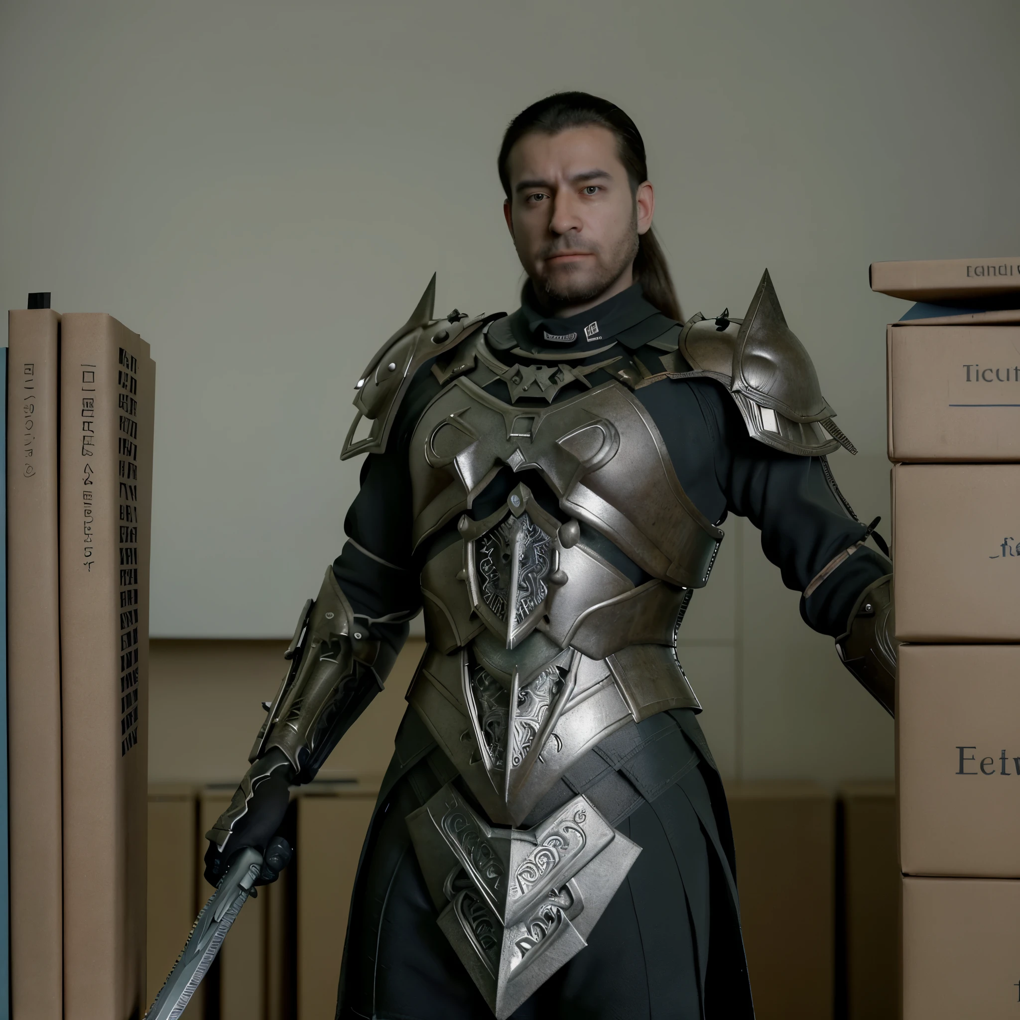 I imagine a drawing of an accountant wearing armor made of calculators and holding a sword made of a giant pencil. He could be surrounded by stacks of papers and file folders, como se estivesse se preparando para a batalha da auditoria. It would be a funny and creative scene!