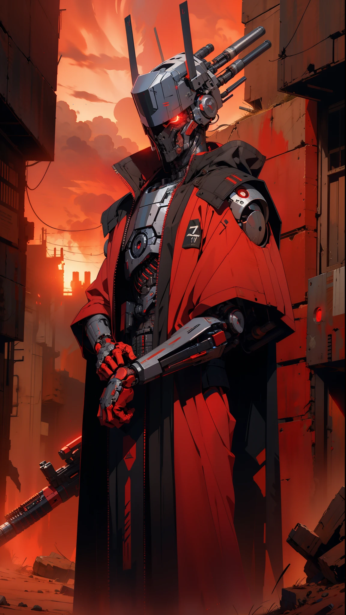 derpd, lethal cyborg assassin wearing robes armor, danger, red sky,post apocalypse 