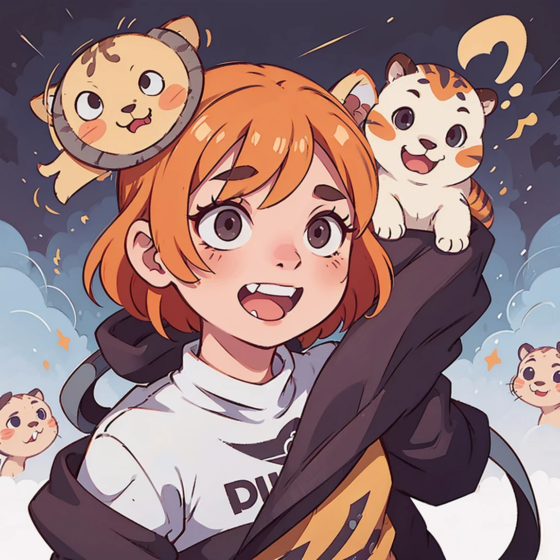 A singing tiger cub，Slightly anthropomorphic tiger cub，cute，Smiling emoticon，Music meets，temperament，nobody！！！