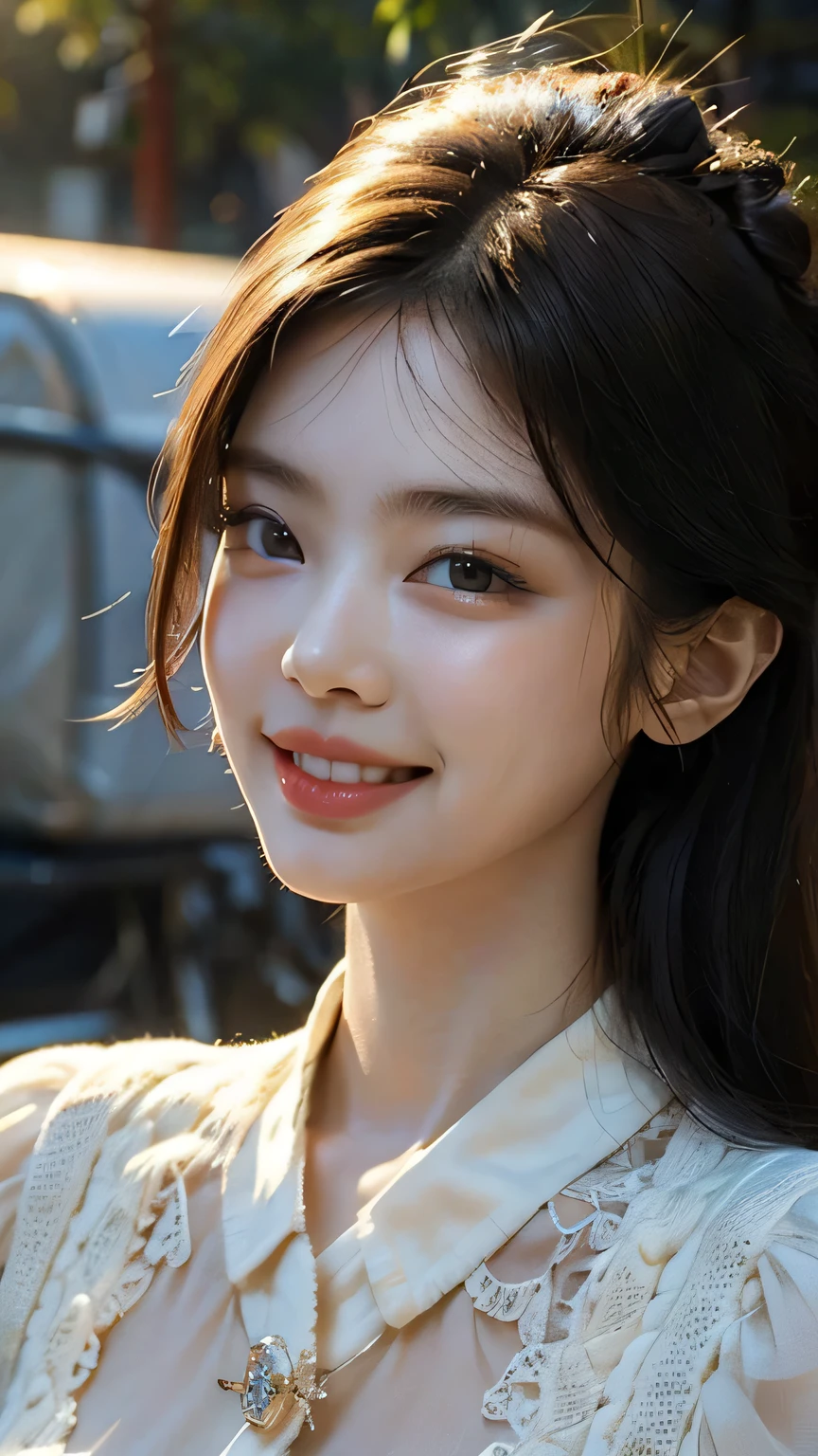 (Masterpiece: 1.2), (Best Quality: 1.2), Ultrareal, Supreme, Absurd, Very Detailed, Volume, Dramatic Lighting, From Below, One Girl, Detailed Eyes, Cute Smile, Looking at the Camera,