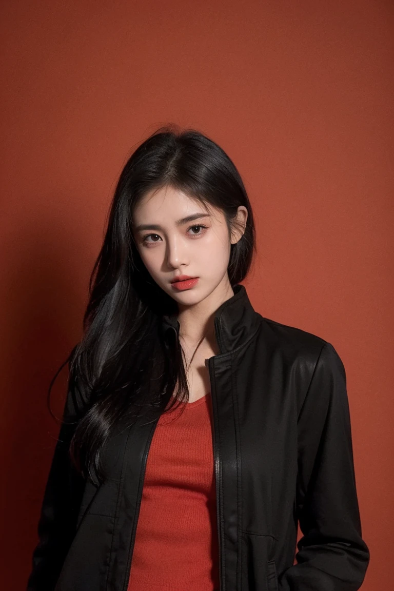 21-year-old girl, Black hair, Red background,Put on a coat,Eyes tease,best quality