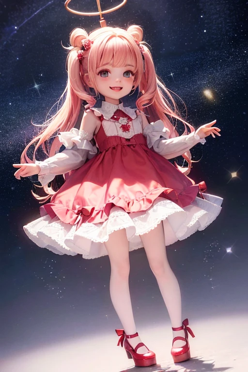Place the small doll on a circular stand、This doll is made of crystal.、Laughter、Chibi Doll、Stars in my eyes(about)、Please raise your right hand、Look up、smile、Cute red shoes、Super detailed, Shining Light、Bioluminescence、Shooting from the side、Stronger bokeh effect