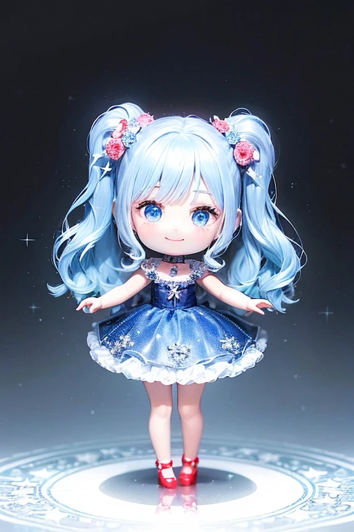 Place the small doll on a circular stand、This doll is made of crystal.、Laughter、Chibi Doll、Stars in my eyes(about)、Please raise your right hand、Look up、smile、Cute red shoes、Super detailed, Shining Light、Bioluminescence、Shooting from the side、Stronger bokeh effect