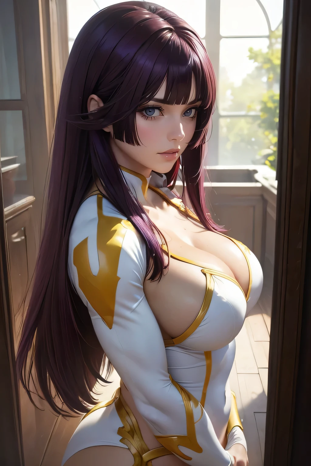 8K, Best quality, masterpiece, ultra high resolution, (realism: 1.4), original photo, (Realistic skin texture: 1.3), (granularity: 1.3), (Selfie angle), (30 years),woman , long purple hair,Hime,Beautiful yellow eyes and facial details, masterpiece, Best quality, Close-up, upper body,( huge pectoral muscle) ,bodysuit,blue,I look at the viewer