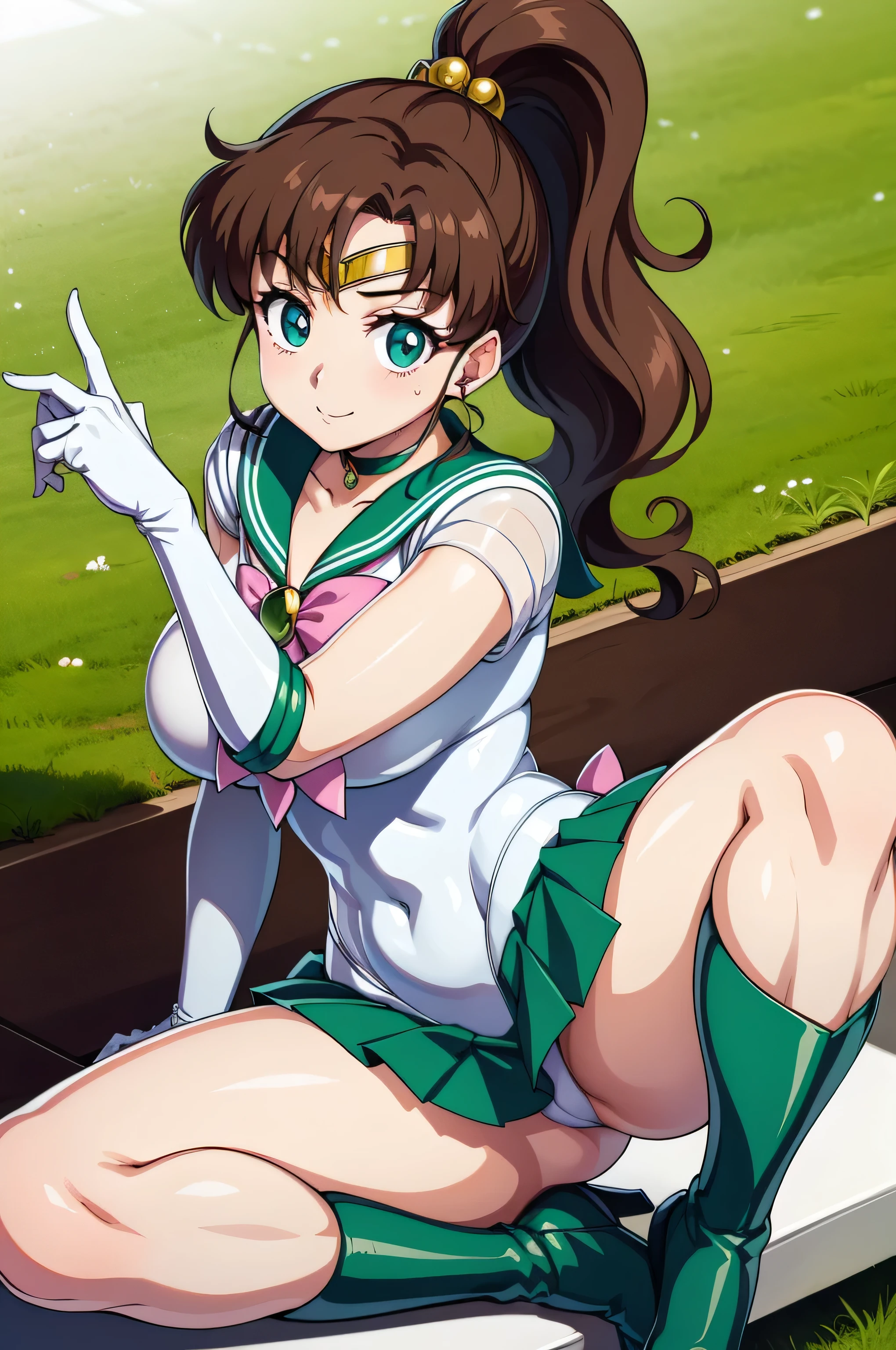 View your viewers, Have a look at this、Looking at the camera、Sailor Jupiter、Are standing、Hmph , Thigh opening、Spread your legs、Beautiful legs、Raise one leg、face exposed to light、Sparkling eyes、Vivid eyes、Clear contours、Clear contours、Clear contours、Detailed contours、blue eyes、Big eyes、Clear Eyes、Clear eyes、ponytail、Brown Hair、White leotard、White gloves、Long gloves、Pink Ribbon、Gold Tiara、Green Brooch、green sailor collar、Green mini skirt、Green pleated skirt、Green elbow pads、Green Boots、Sailor Moon、Laughter、Laughter、Proud face、Confident々face、Cute face,((Tabletop)),((highest quality)),Very detailed,Awareness-raising,Explicit,beautiful body,beautiful nose,beautiful character design,Perfect Eyes,Perfect face,wallpaper,超A high resolution,4K,photograph,(beautiful, Large Breasts:1.2),(beautiful face:1.2),(beautiful legs, Perfect Legs),Shiny skin,Official Style,One Girl,masterpiece、Best image quality、Detailed explanation、One Girl,Large Breasts、grassland、grass