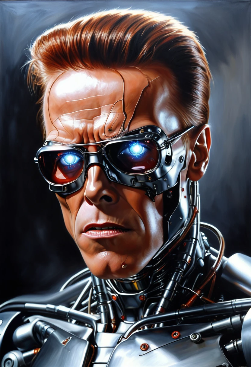 a ((photo realistic:1.25)) oil on canvas painting of a Terminator T-800 series CYBORG with an expression of disbelief, not afraid but very shocked