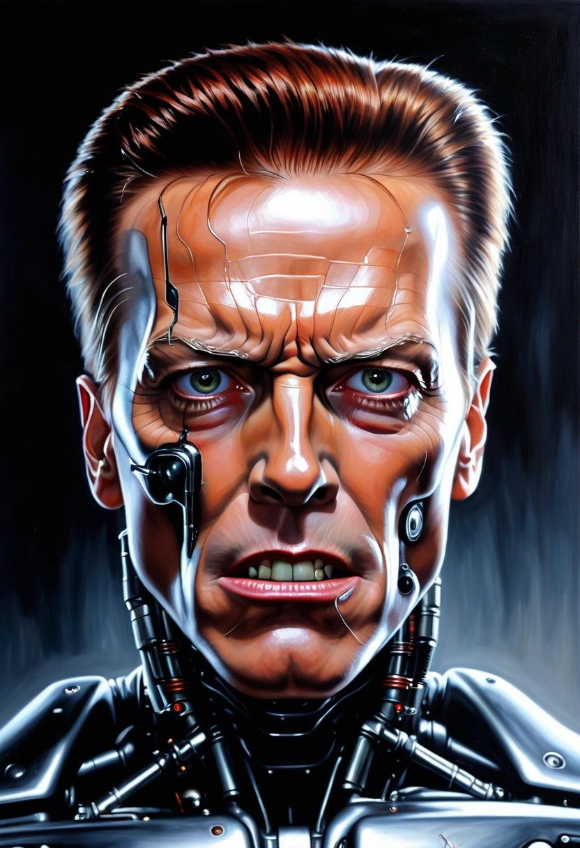a ((photo realistic:1.25)) oil on canvas painting of a Terminator T-800 series CYBORG [Arnold Schwarzenegger:David Bowie:0.45] with an expression of disbelief, not afraid but very shocked