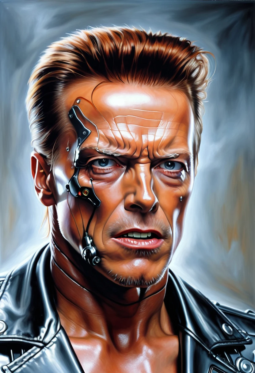 a ((photo realistic:1.25)) oil on canvas painting of a Terminator T-800 series CYBORG [Arnold Schwarzenegger:David Bowie:0.45] with an expression of disbelief, not afraid but very shocked