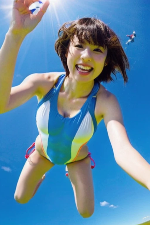 A beautiful Japanese woman in her late 20s with a bob cut is skydiving in the sky4000Meters、She is sensual、Micro Bikini、Very sexy swimsuit、She has her arms and legs spread wide and is having so much fun.!Clear focus