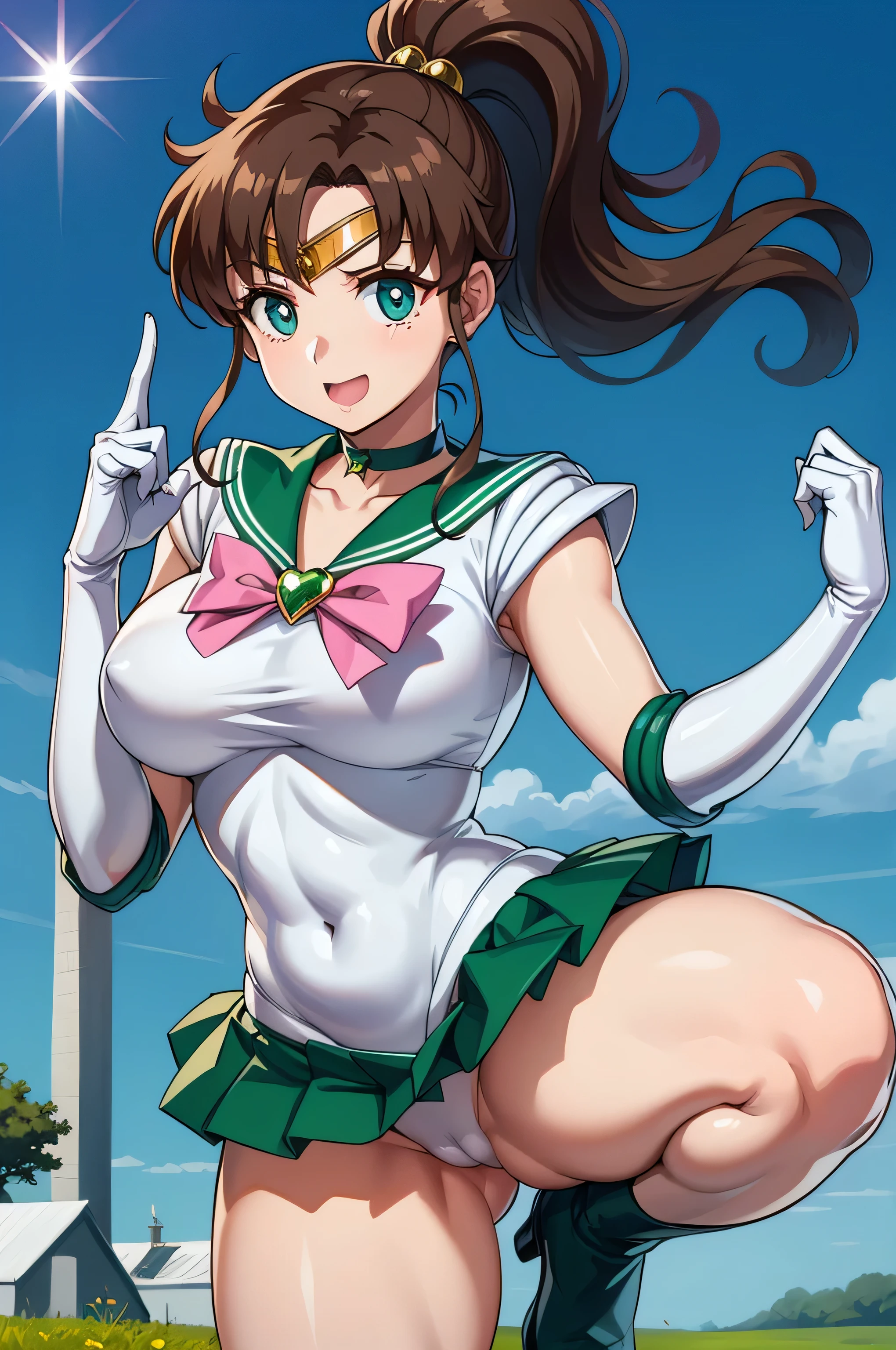 View your viewers, Have a look at this、Looking at the camera、Sailor Jupiter、Are standing、Hmph , Thigh opening、Spread your legs、Beautiful legs、Raise one leg、face exposed to light、Sparkling eyes、Vivid eyes、Clear contours、Clear contours、Clear contours、Detailed contours、blue eyes、Big eyes、Clear Eyes、Clear eyes、ponytail、Brown Hair、White leotard、White gloves、Long gloves、Pink Ribbon、Gold Tiara、Green Brooch、green sailor collar、Green mini skirt、Green pleated skirt、Green elbow pads、Green Boots、Sailor Moon、Laughter、Laughter、Proud face、Confident々face、Cute face,((Tabletop)),((highest quality)),Very detailed,Awareness-raising,Explicit,beautiful body,beautiful nose,beautiful character design,Perfect Eyes,Perfect face,wallpaper,超A high resolution,4K,photograph,(beautiful, Large Breasts:1.2),(beautiful face:1.2),(beautiful legs, Perfect Legs),Shiny skin,Official Style,One Girl,masterpiece、Best image quality、Detailed explanation、One Girl，Large Breasts、grassland、grass