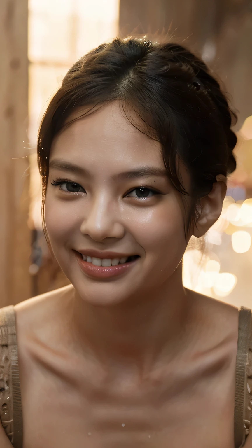 A portrait of a person with ultra-detailed features and realistic skin texture. The person's gummy smile should be emphasized, showing their joyful expression. The lighting should be perfect to highlight the person's features and create a realistic atmosphere. The image should have the best quality, with 4k resolution, high resolution, and be considered a masterpiece. It should capture the intricate details of the person's face, particularly focusing on the texture of their skin.